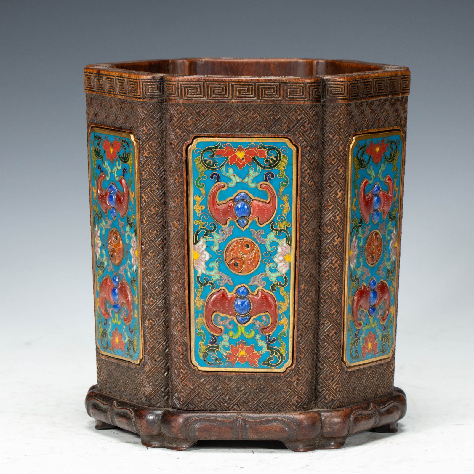 Chinese Huanghuali Cloisonné Inlaid Brush Pot: Chinese Huanghuali Cloisonné Inlaid Brush Pot (14.5 x 13.5 x 16cm,Weight 1130g)
