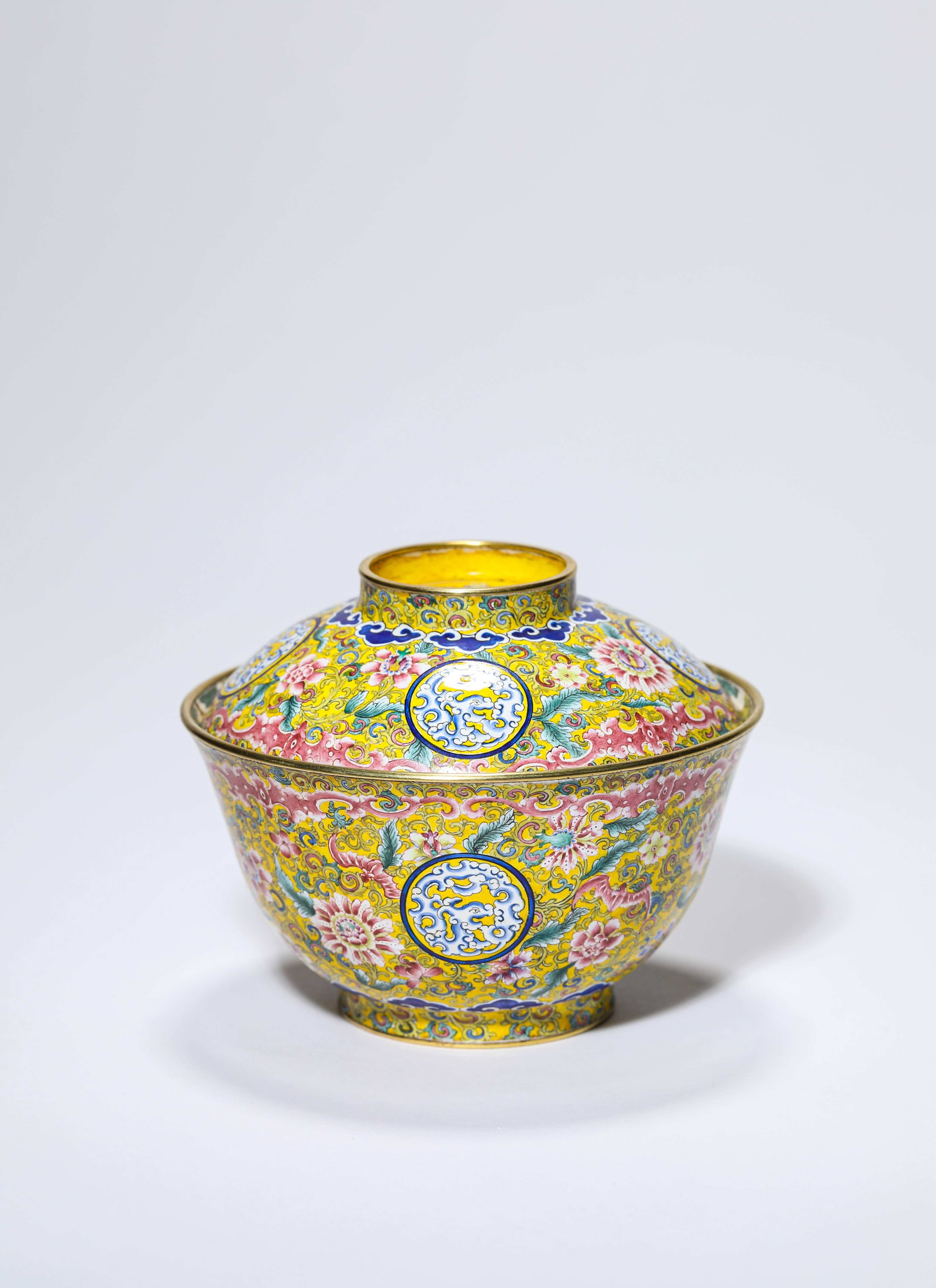 A Copper Painted Enamel 'Floral' Covered Bowl: Dimensions: Weight: 331 g. Width: 10.9 cm x Height: 8.7 cm. All measurements are approximate.