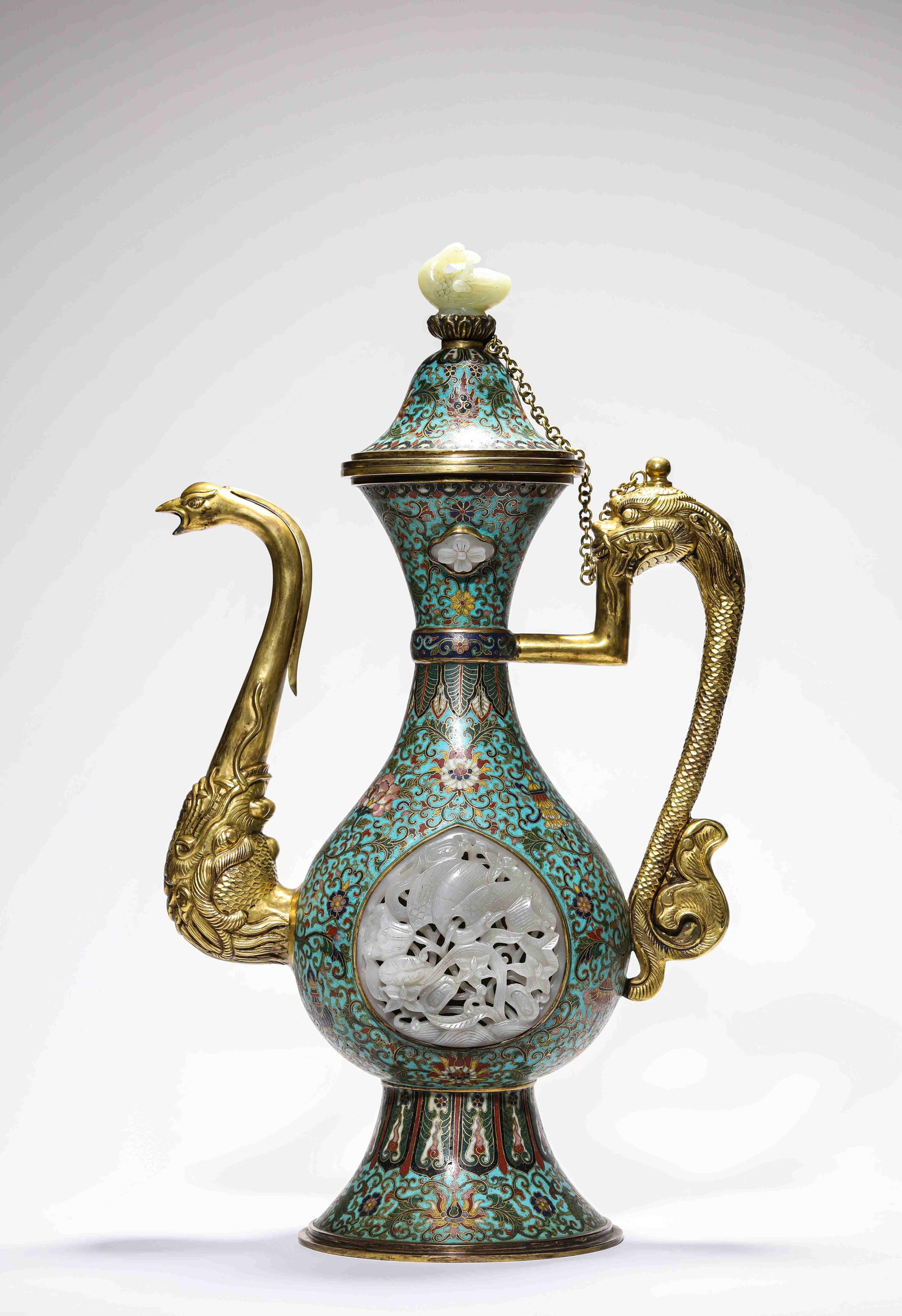 A Cloisonne Enamel and Jade-Inlaid 'Dragon and Phoenix' Ewer: Dimensions: Weight: 3650 g. Length: 27 cm x Width: 15.5 cm x Height: 48 cm. All measurements are approximate.
