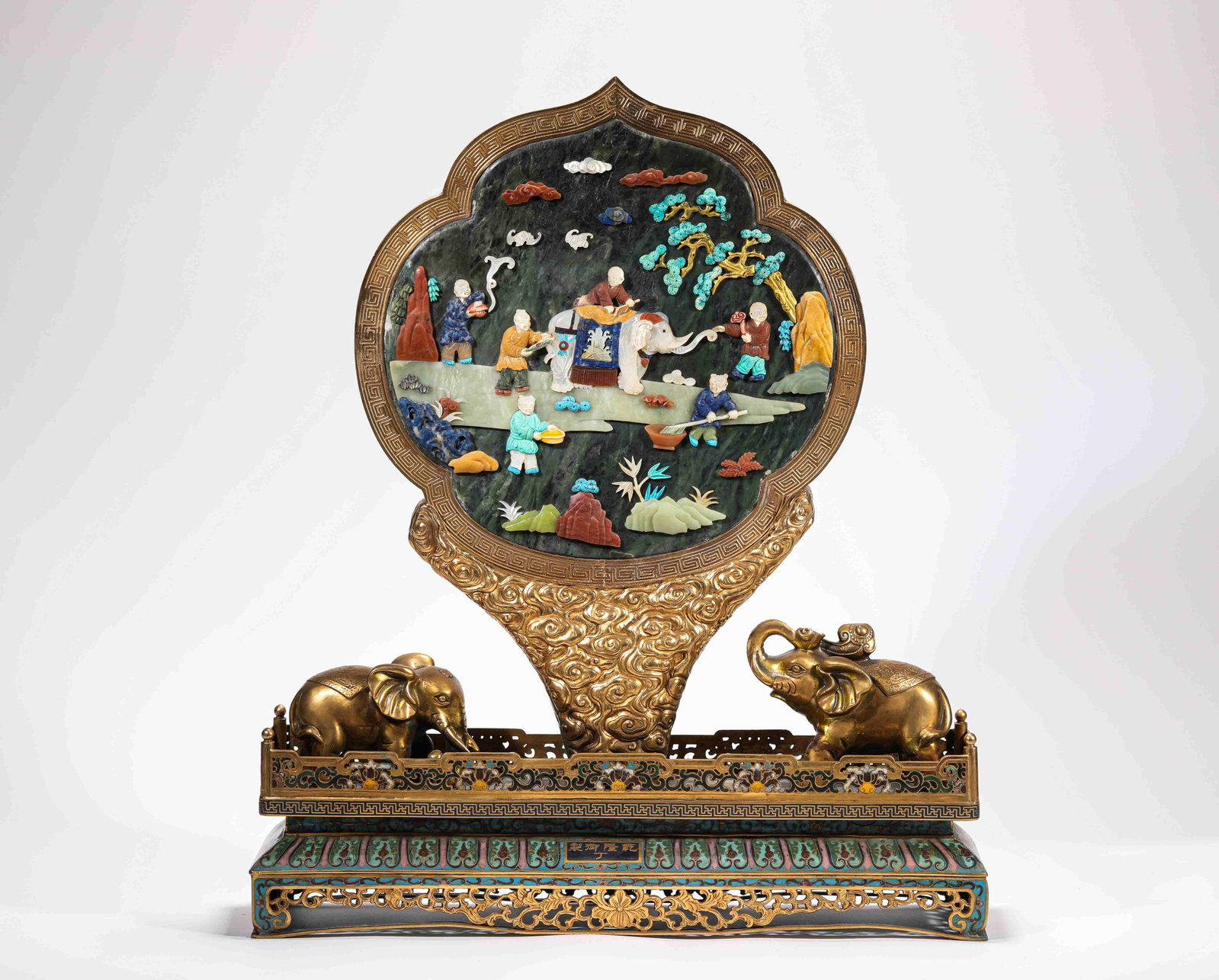 A Cloisonn? Enamel and 'Hundred Treasures'-Inlaid 'Elephant of Universal Peace and Poem' Table: Dimensions: Weight: 9800 g. Length: 48 cm x Width: 12.2 cm x Height: 55.5 cm. All measurements are approximate.