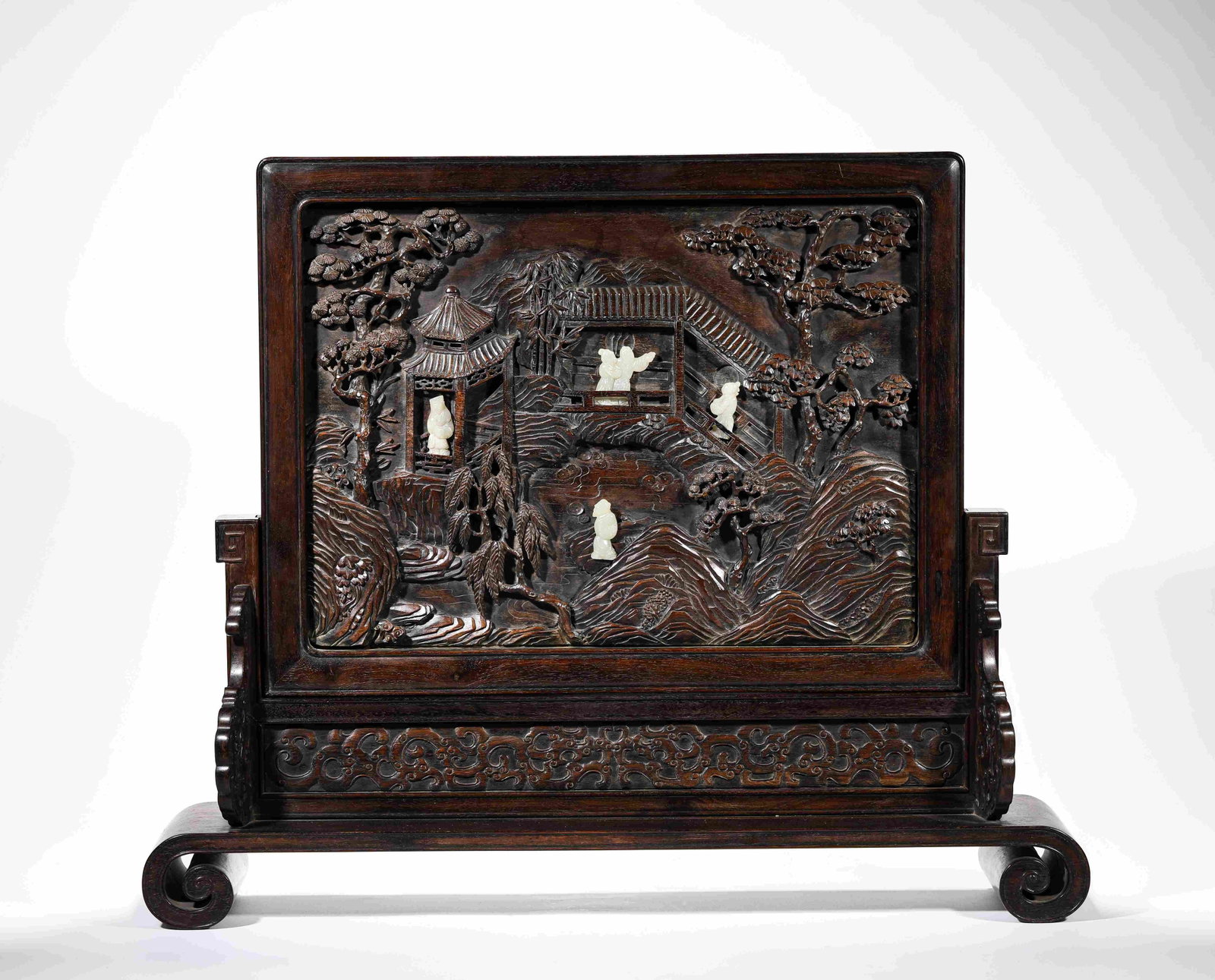 A Wood and Jade-Inlaid 'Landscape, Figures and Poem' Table Screen: Dimensions: Length: 65 cm x Width: 15 cm x Height: 53 cm. All measurements are approximate.