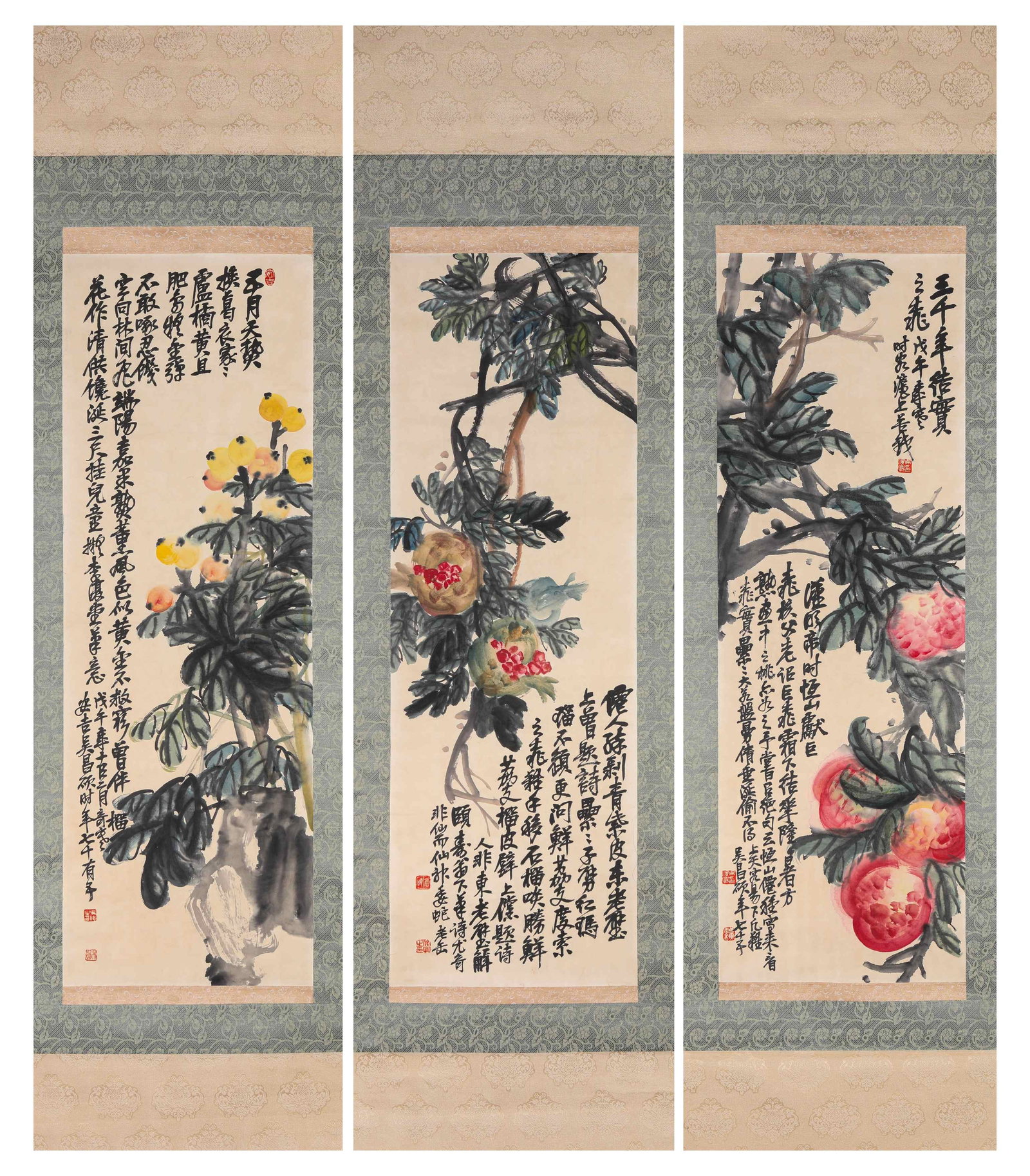 Wu Changshuo (1844-1927), attributed to, Fruits and Vegetables Set: Dimensions: Width: 30.5 cm x Height: 90 cm. All measurements are approximate.