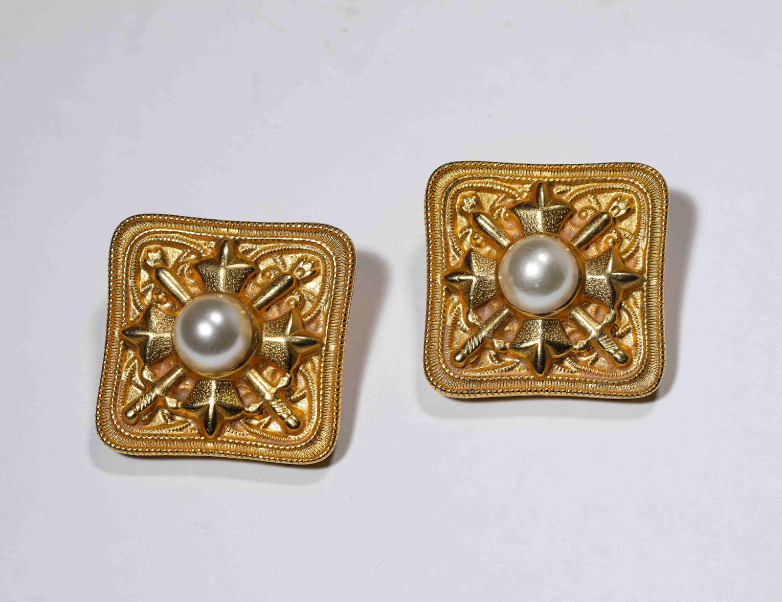 A Pair of Pearl Square Earrings: Dimensions: Weight: 35 g. Width: 3 cm. All measurements are approximate.