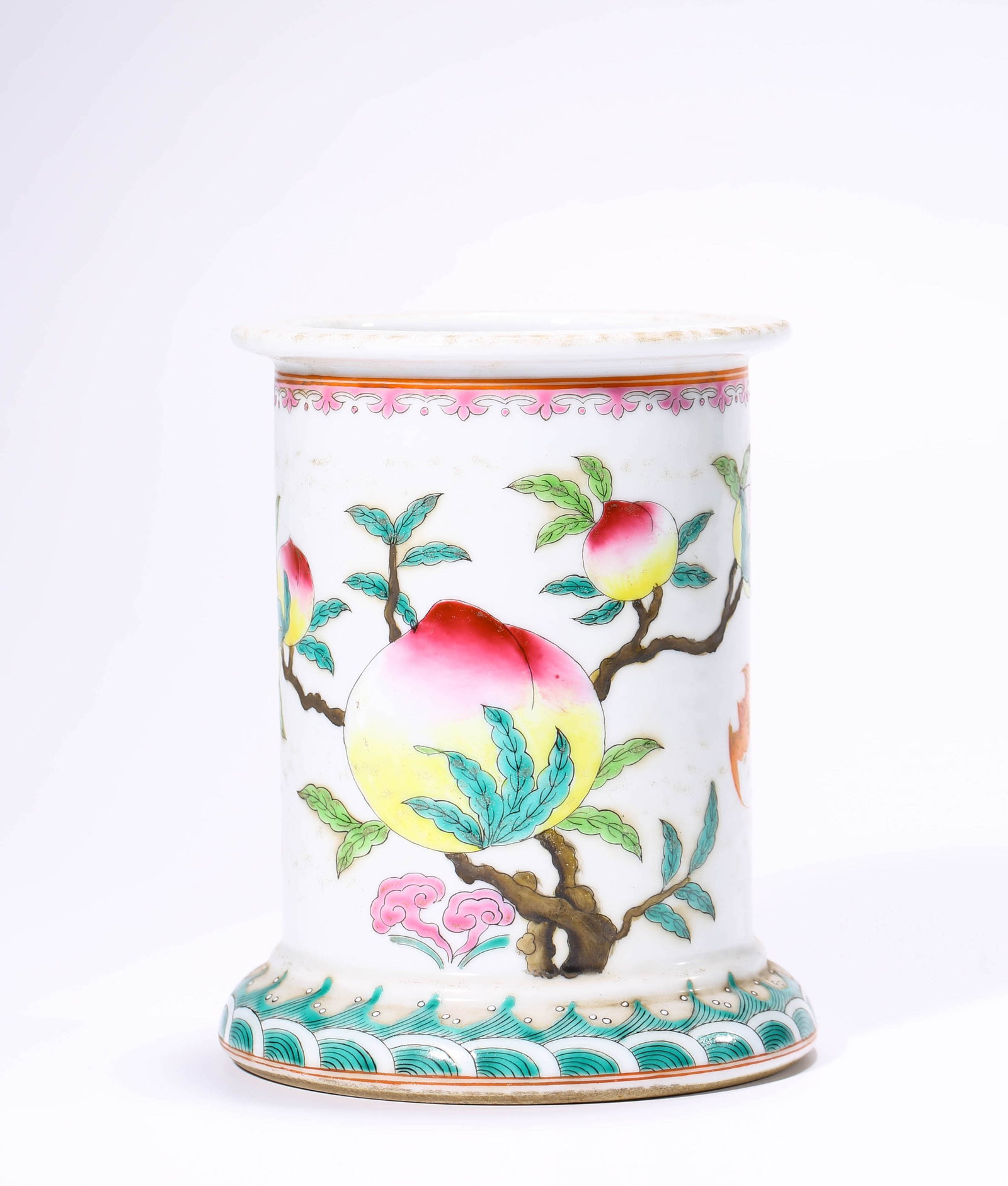 A Famille-Rose 'Bat and Shou' Brush Pot: Dimensions: Width: 13 cm x Height: 16.1 cm. All measurements are approximate.