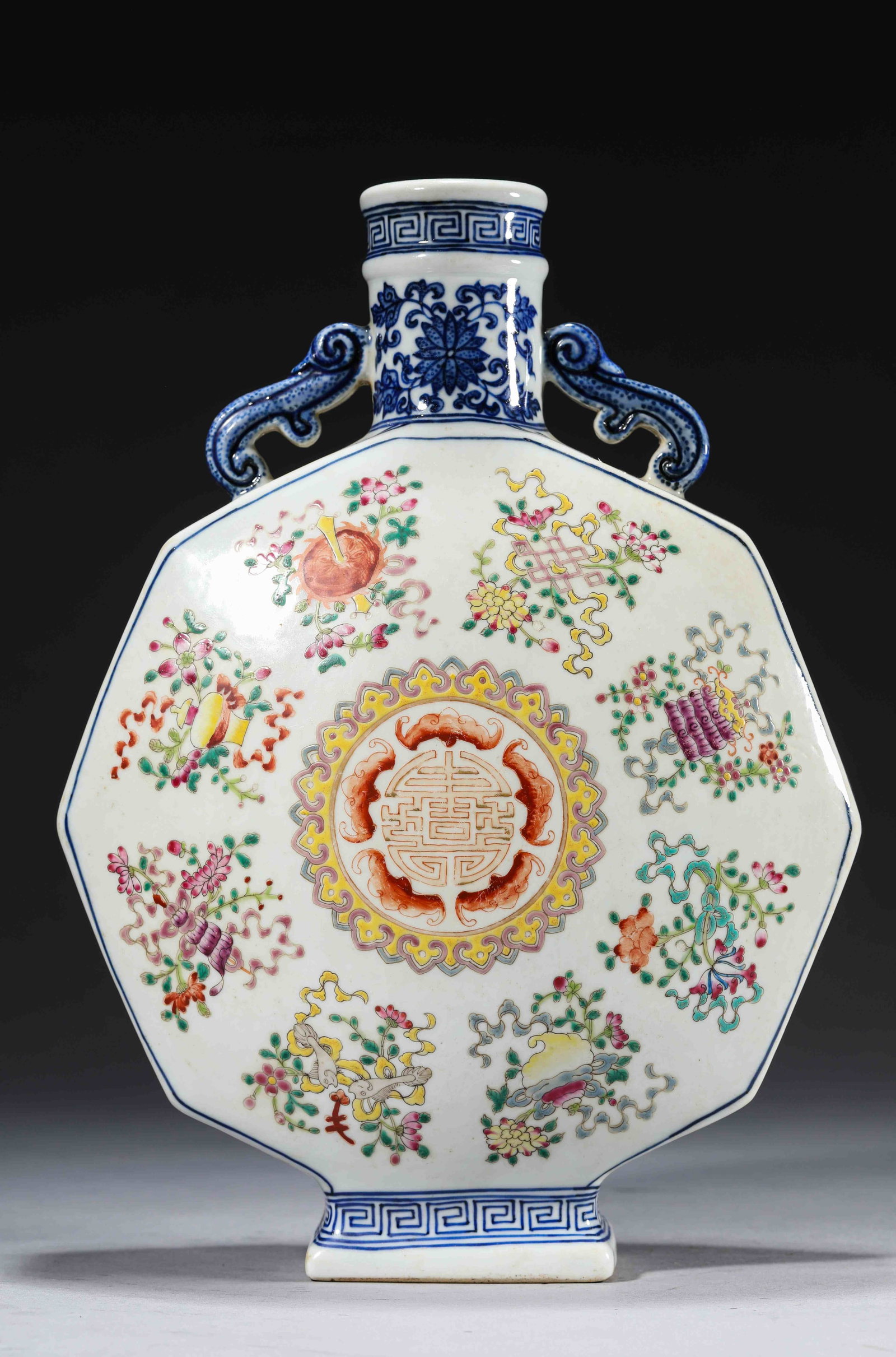 A Blue and White and Famille-Rose 'Eight Buddhist Emblems and Five Bats Around a Shou' 'Moonflask': Dimensions: Length: 22.7 cm x Width: 10.8 cm x Height: 30.5 cm. All measurements are approximate.