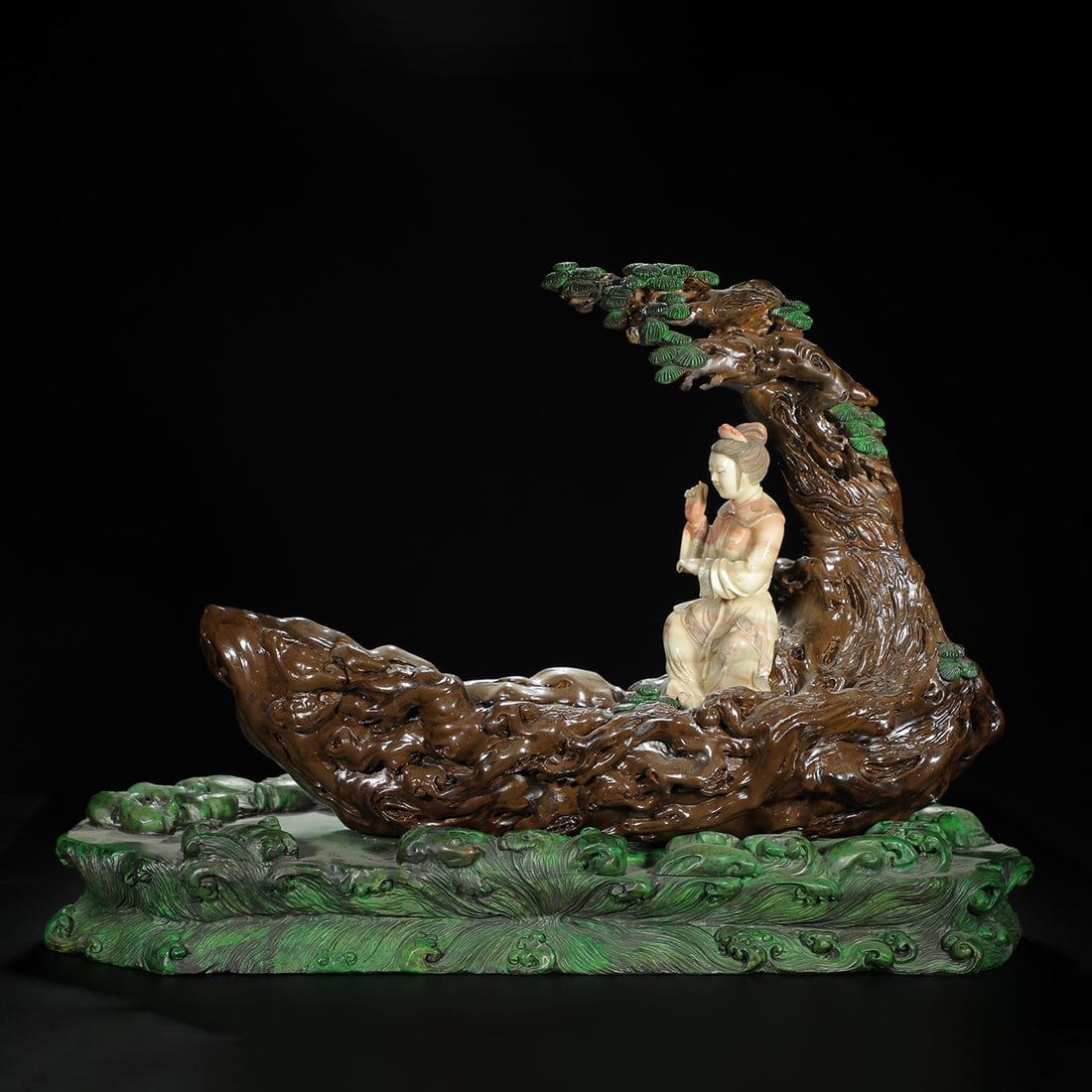 Shoushan Stone Figure of an Immortal on a Raft: Shoushan Stone Figure of an Immortal on a Raft Length:46cm Width:16cm Height:33cm