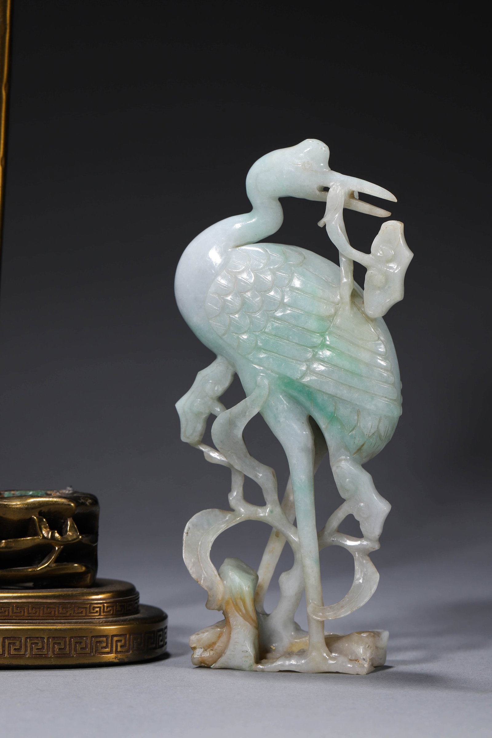 Jadeite Crane Lingzhi-form Candlestick - 12