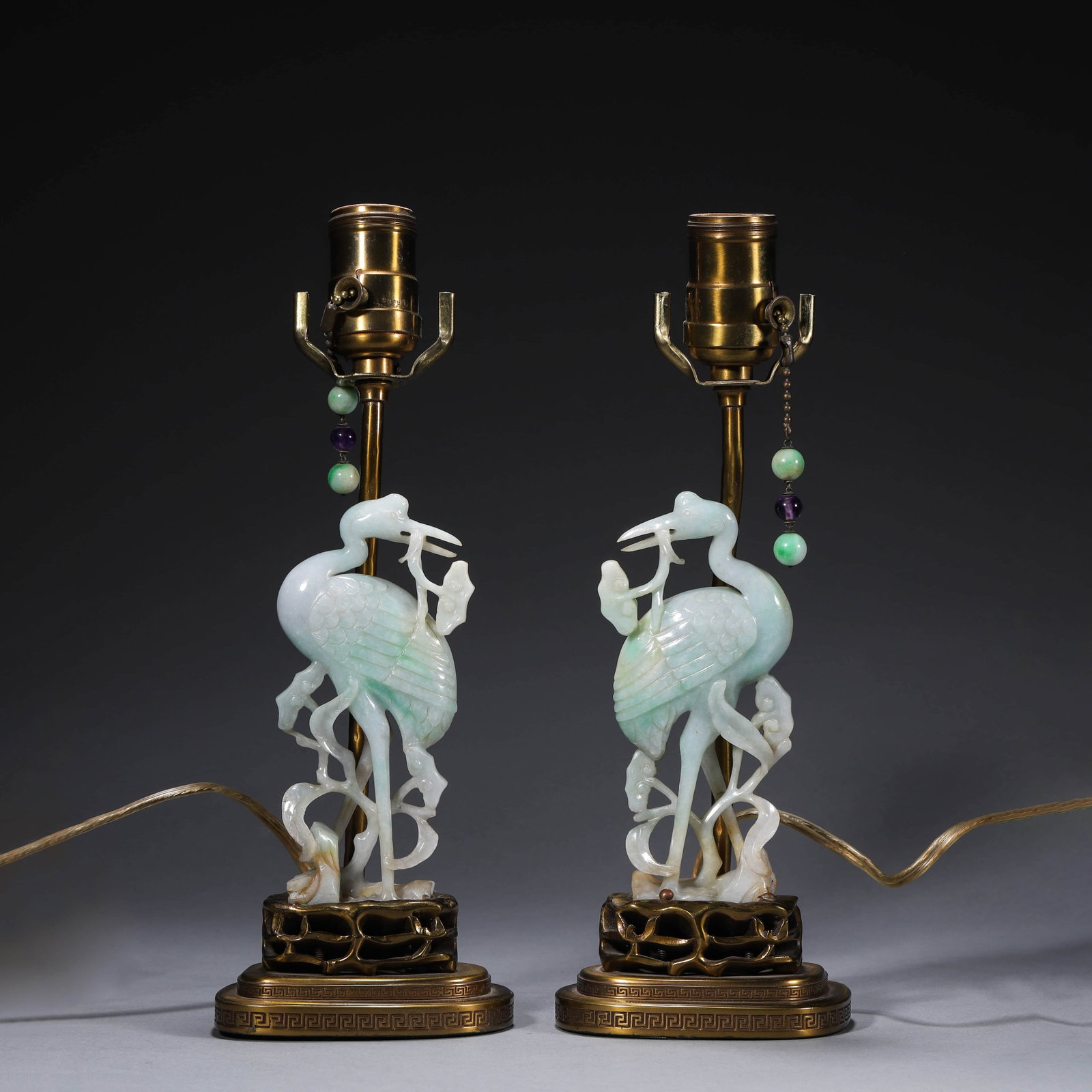 Jadeite Crane Lingzhi-form Candlestick: Jadeite Crane Lingzhi-form Candlestick 1.Height:29cm, Width:10cm, 2.Height:14.5cm, Width:7cm,