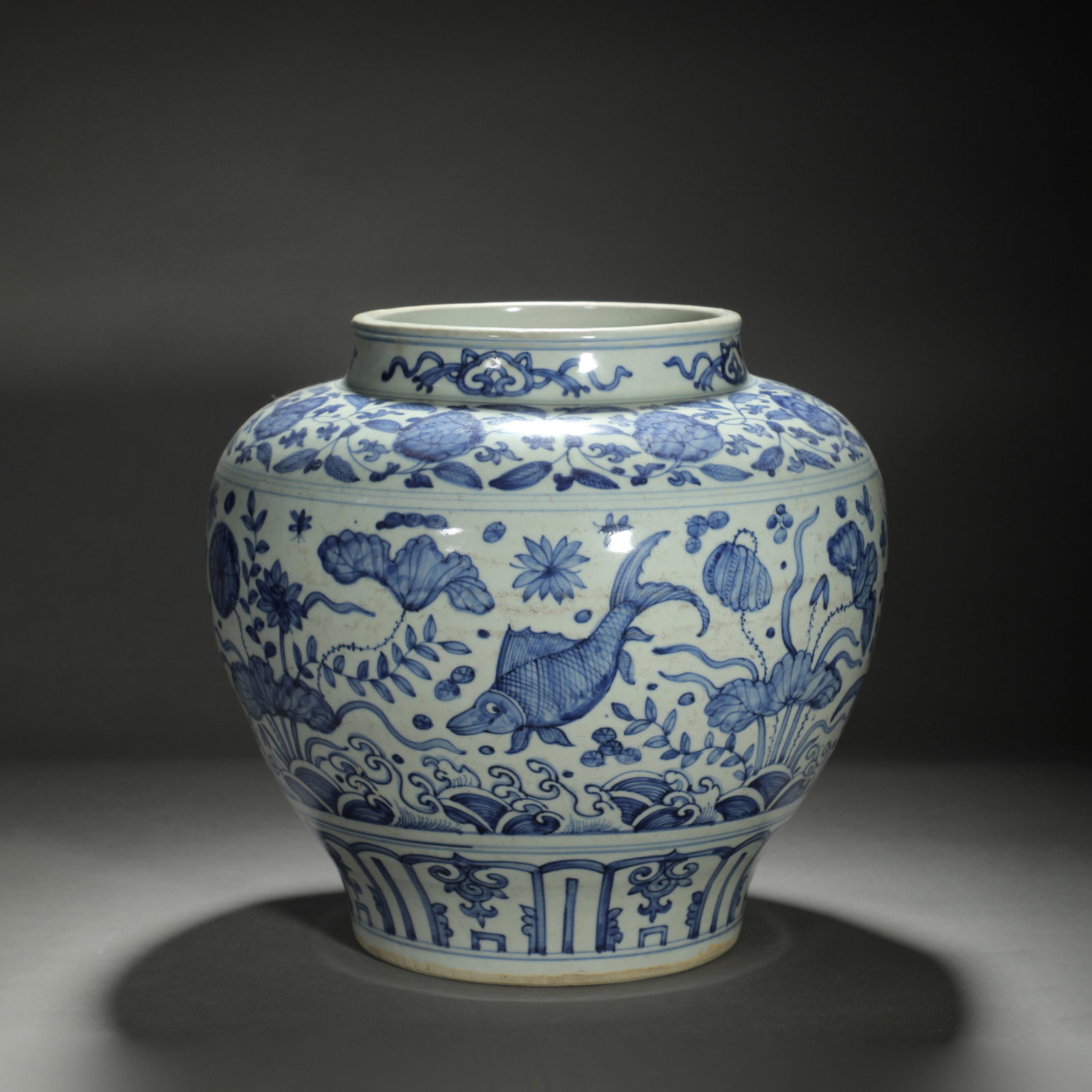 Blue and White Fish and Waterweed Jar: Blue and White Fish and Waterweed Jar Diam.32cm Height:30cm