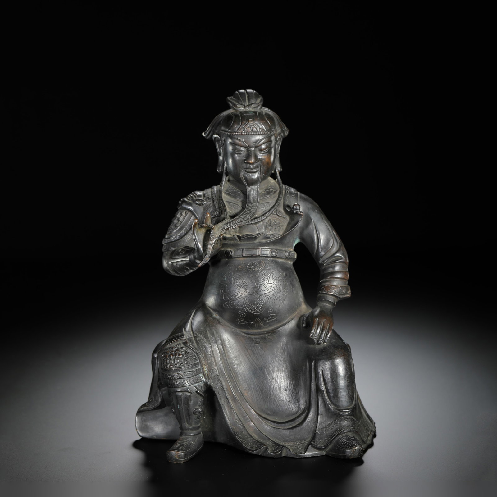 Bronze Cast Guandi Seated Figure: Bronze Cast Guandi Seated Figure Length:15.3cm Width:12cm Height:21.7cm