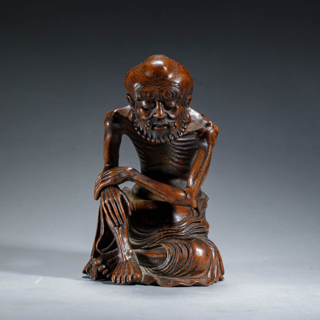 Carved Bamboo Skinny Arhat Statue: Carved Bamboo Skinny Arhat Statue Length:9.5?Width:10.5cm Height:14.5?
