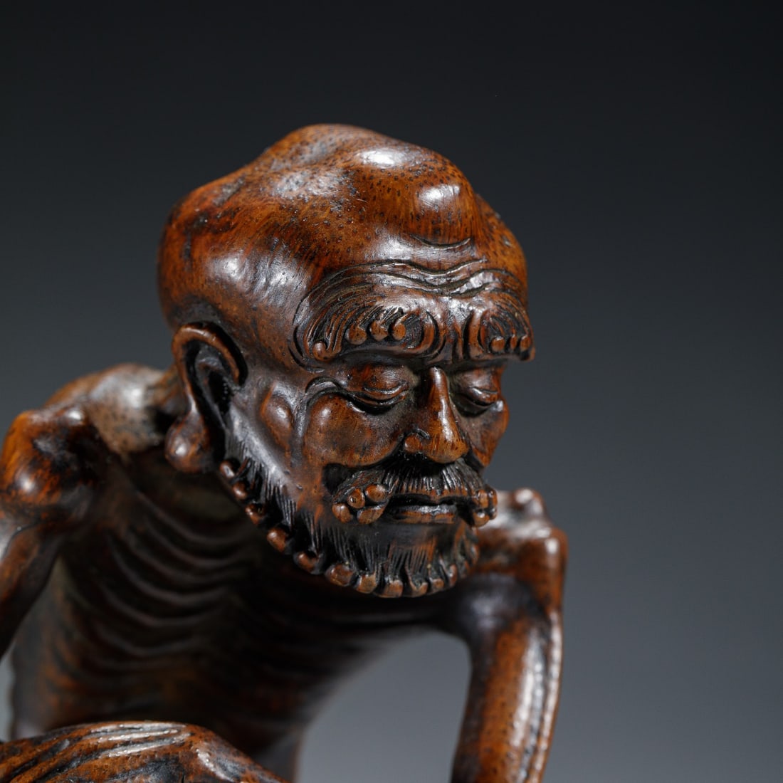 Carved Bamboo Skinny Arhat Statue - 3