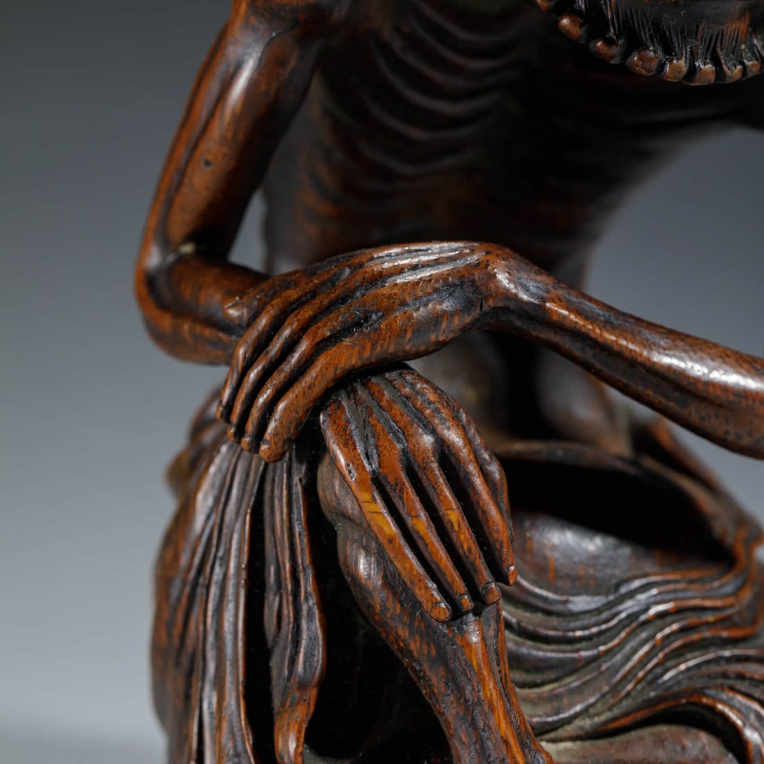 Carved Bamboo Skinny Arhat Statue - 4