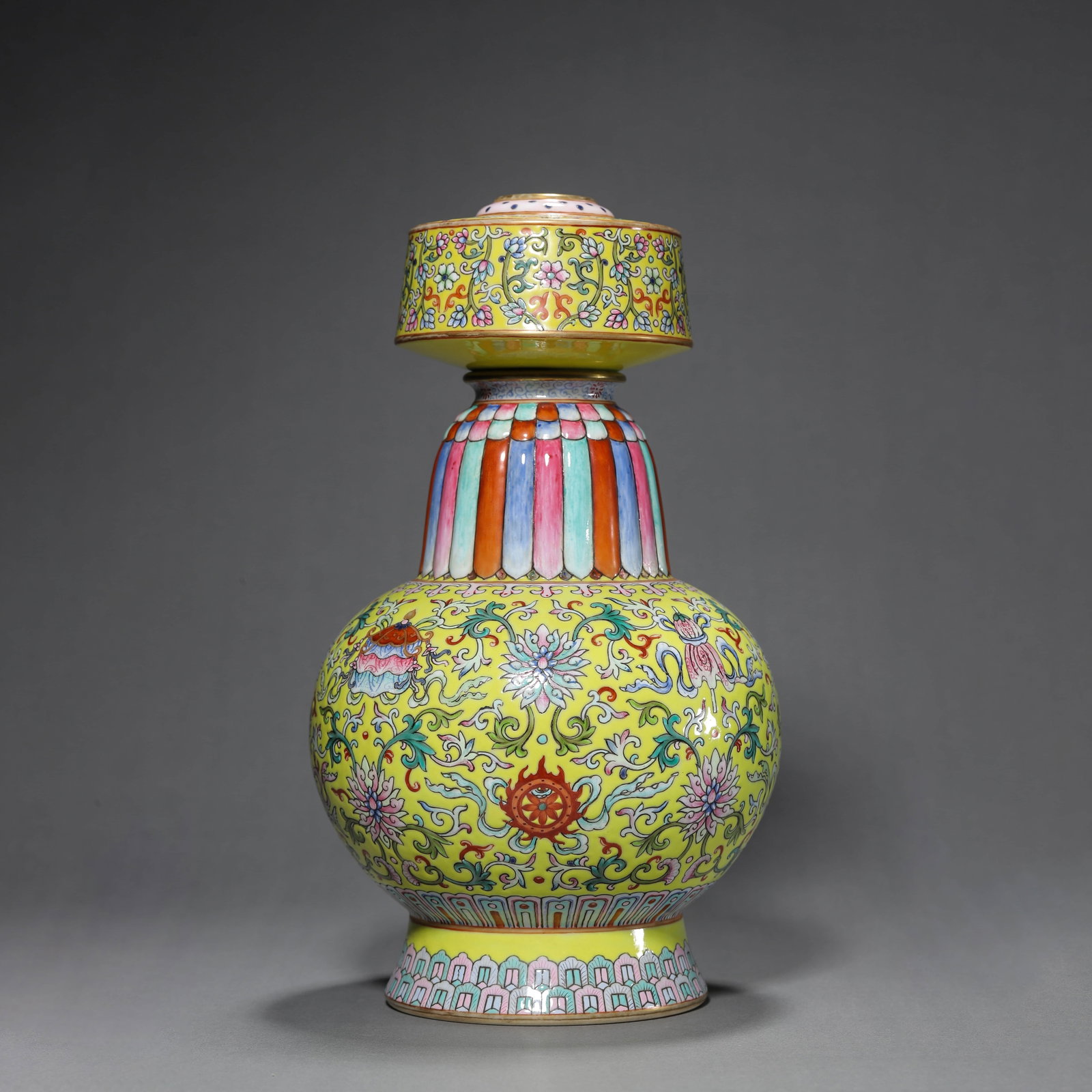Yellow Ground Famille Rose Eight Treasure Vase: Yellow Ground Famille Rose Eight Treasure Vase Diam.15cm, Height:27cm,