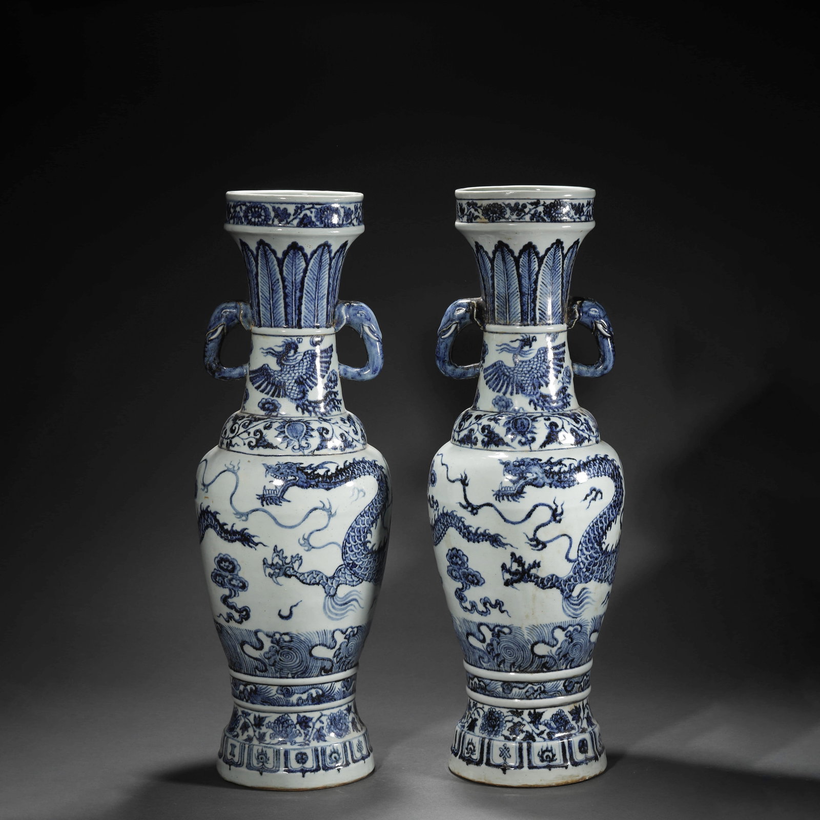 Blue and White Dragon Elephant-Eared Vase: Blue and White Dragon Elephant-Eared Vase Height:63cm, Diam.20cm,