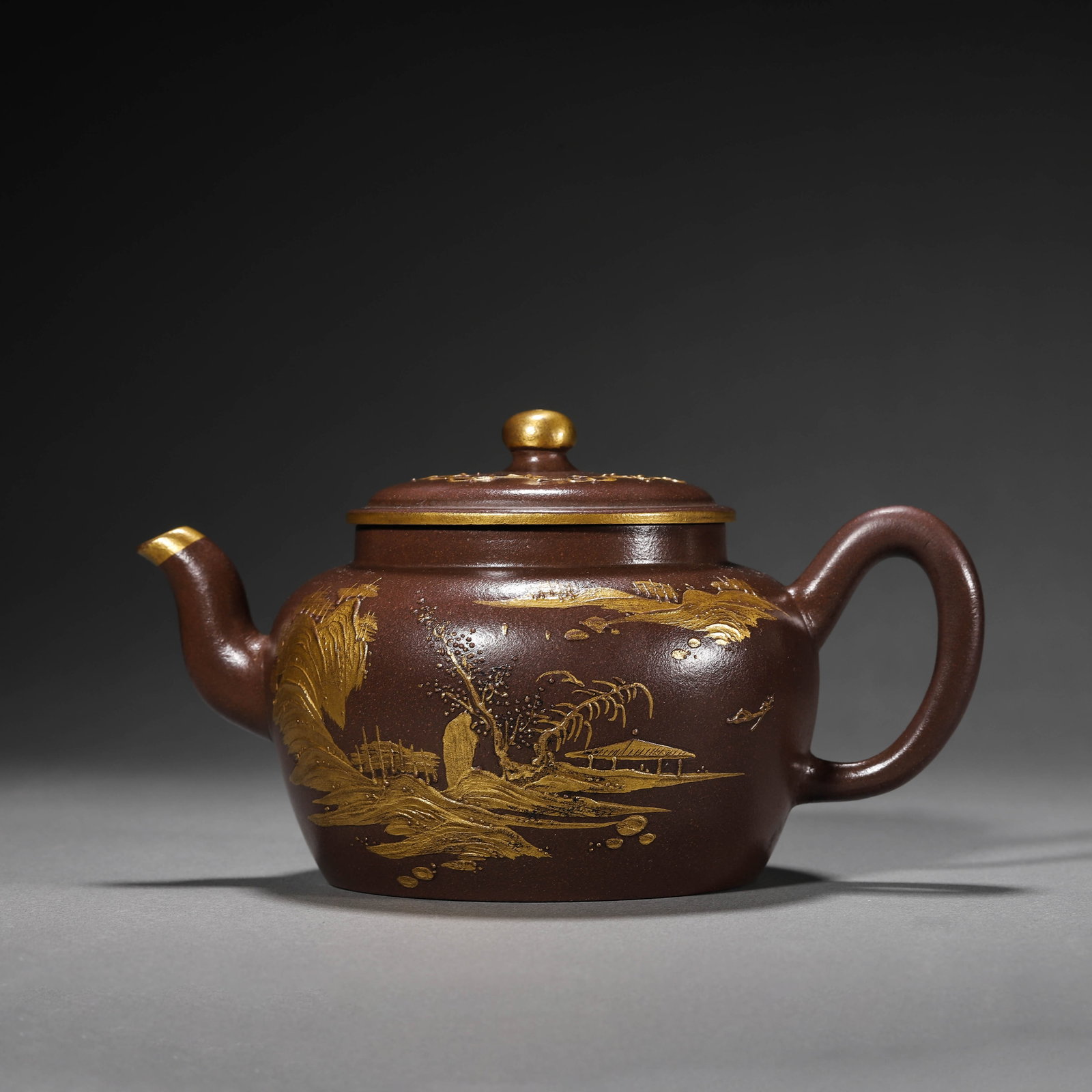 Zhou Jishan Mark Zisha Gilt-Inlaid Landscape Pot: Zhou Jishan Mark Zisha Gilt-Inlaid Landscape Pot Length:18cm, Width:12cm, Height:10.5cm,