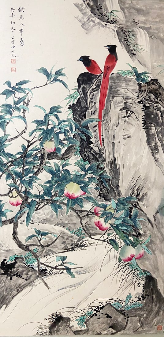 Chinese Drawing Flower and Bird Painting, Tian Shiguang Mark: Chinese Drawing Flower and Bird Painting, Tian Shiguang Mark 134×67cm