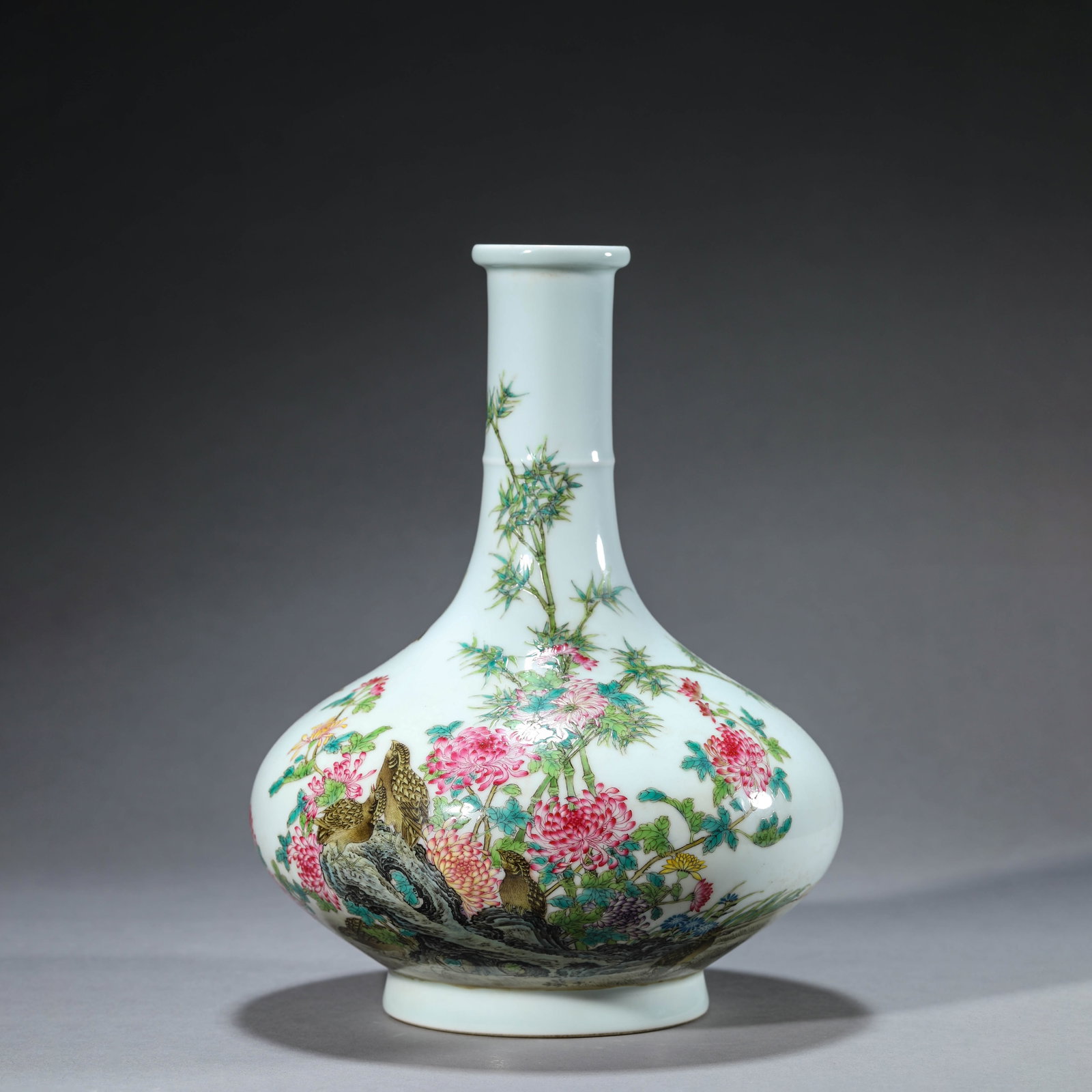 Famille-Rose Inscribed Poem Peace and Contentment Water Chestnut Vase: Famille-Rose Inscribed Poem Peace and Contentment Water Chestnut Vase Diam.21cm Height:28cm