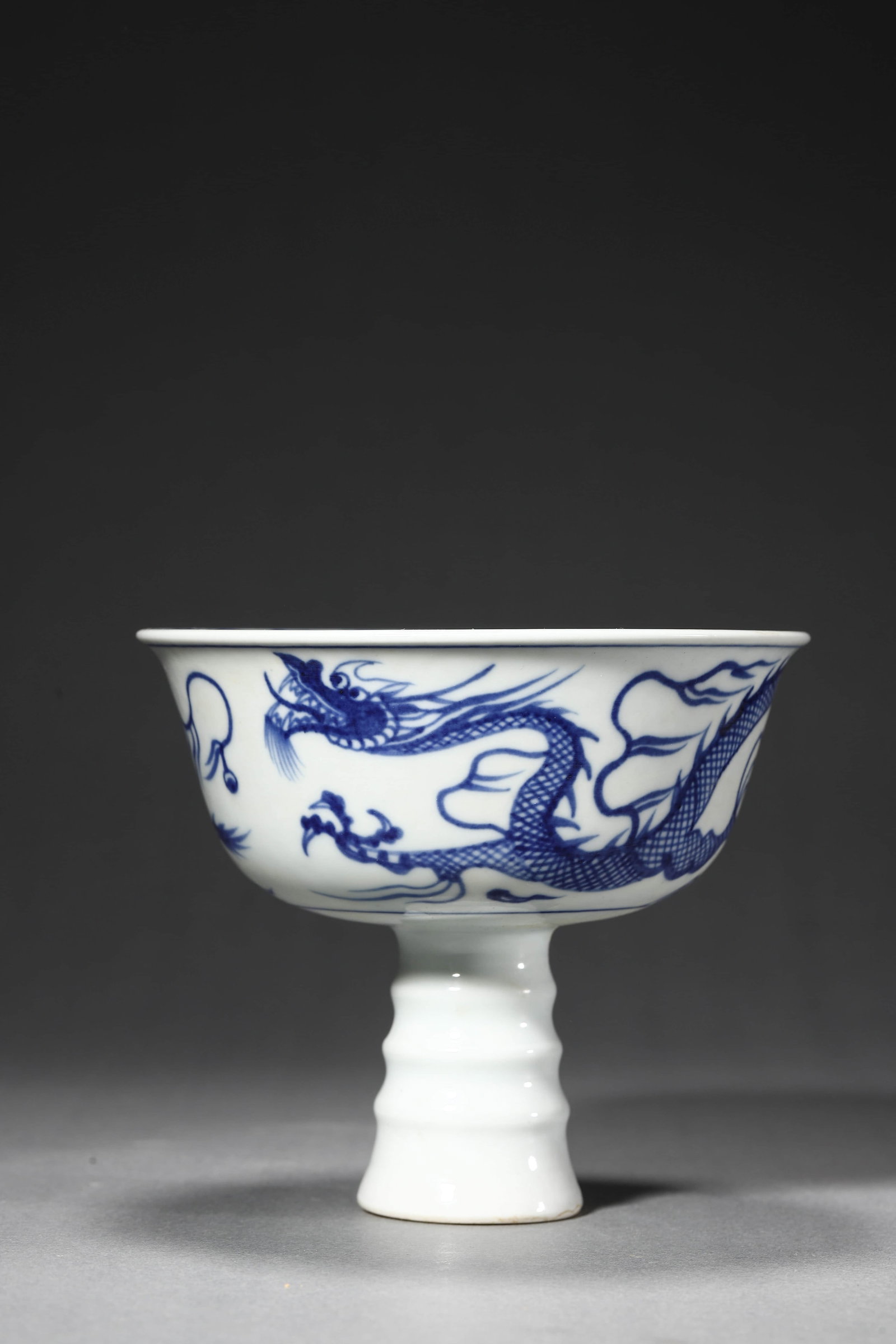 Blue and White Dragon and Cloud Stem Bowl - 2