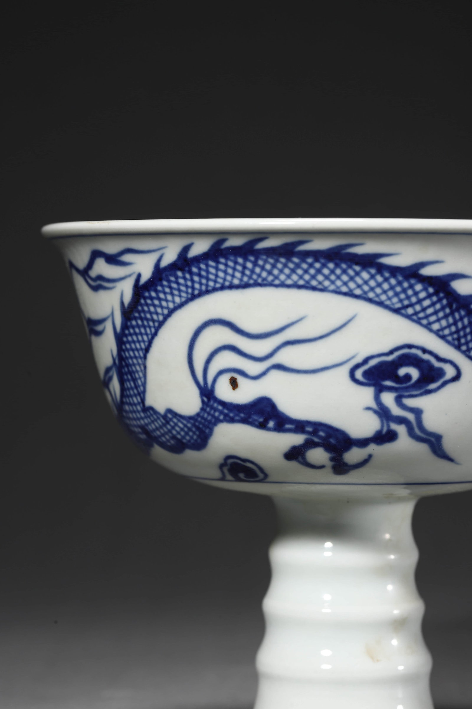 Blue and White Dragon and Cloud Stem Bowl - 4