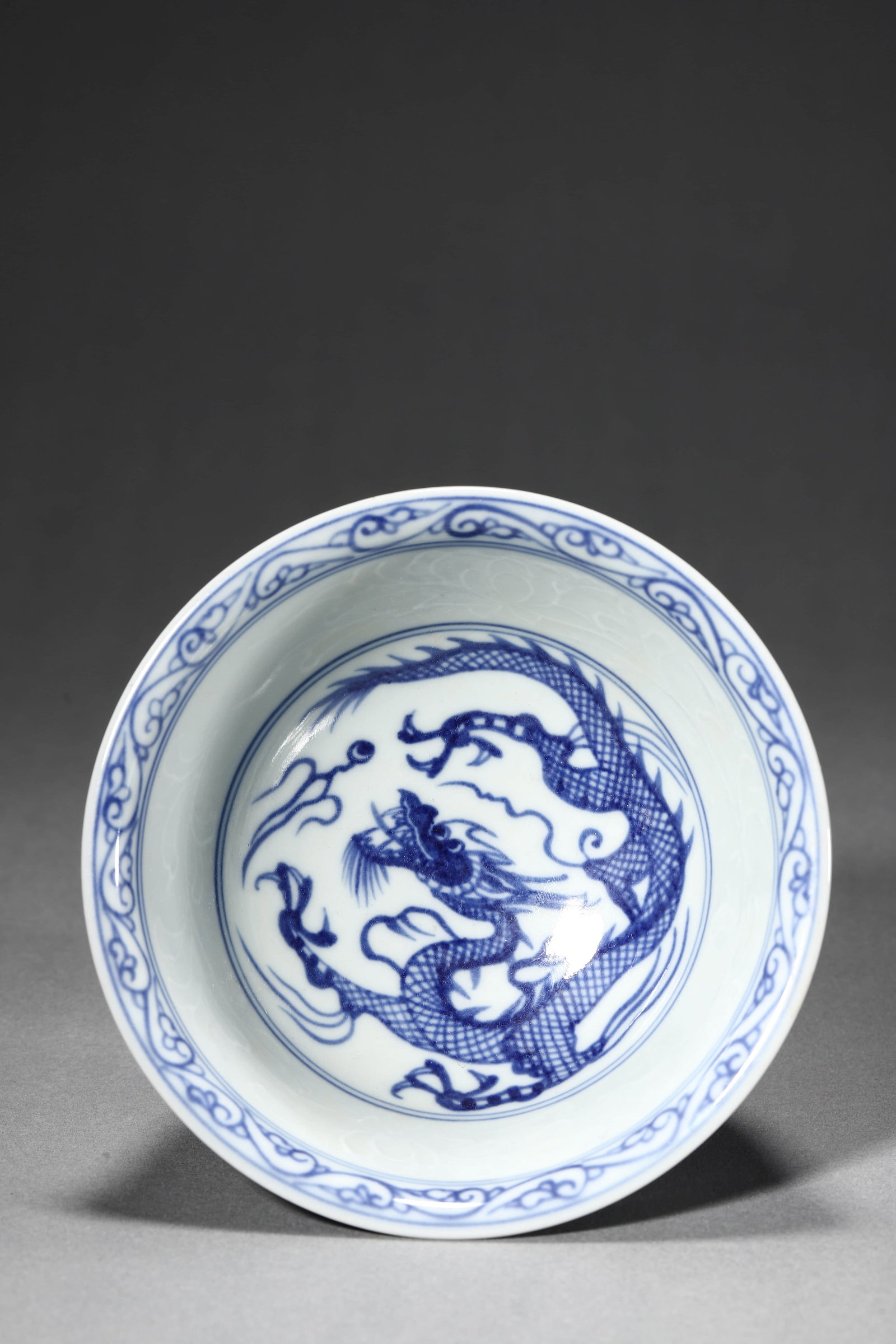 Blue and White Dragon and Cloud Stem Bowl - 5