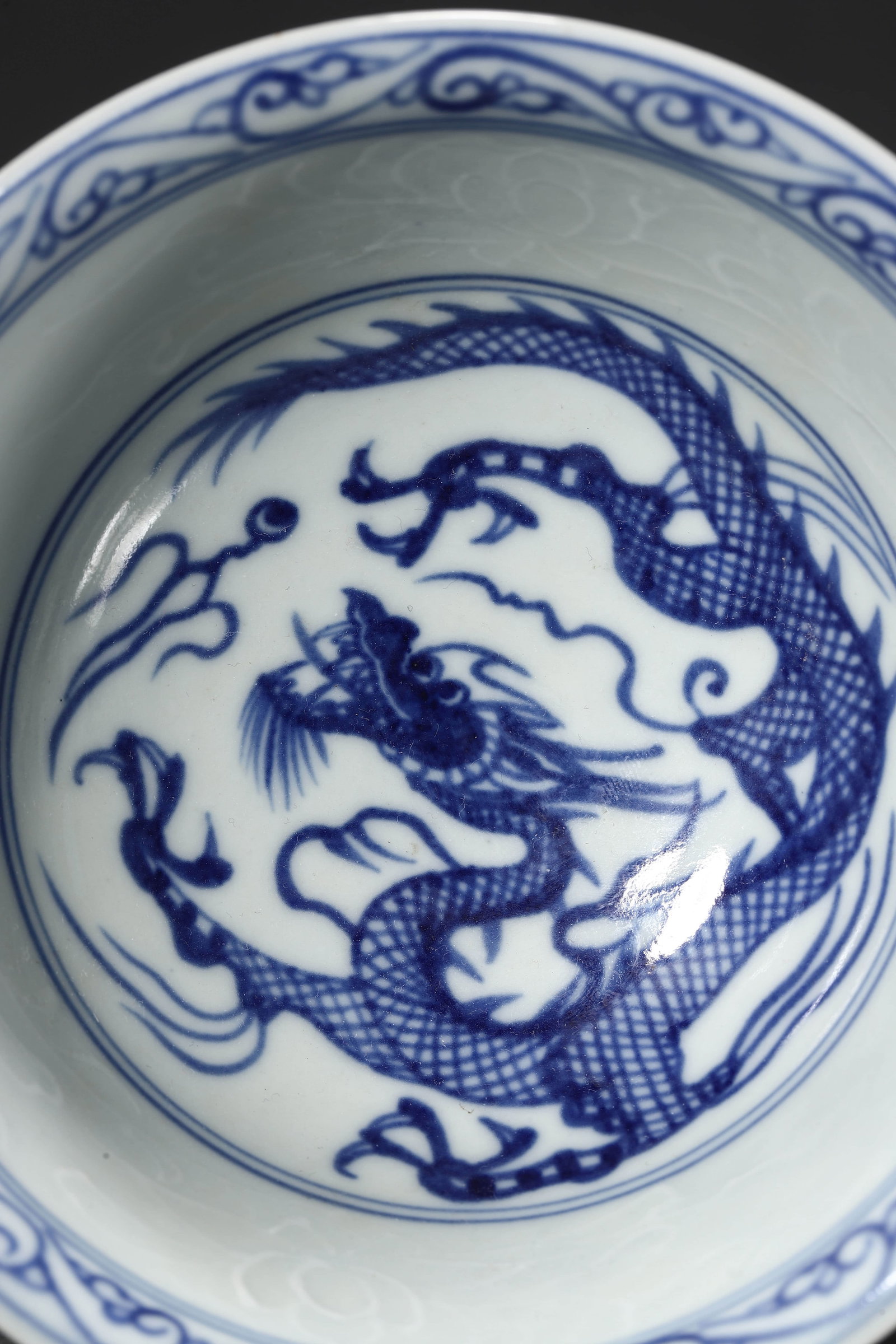 Blue and White Dragon and Cloud Stem Bowl - 6
