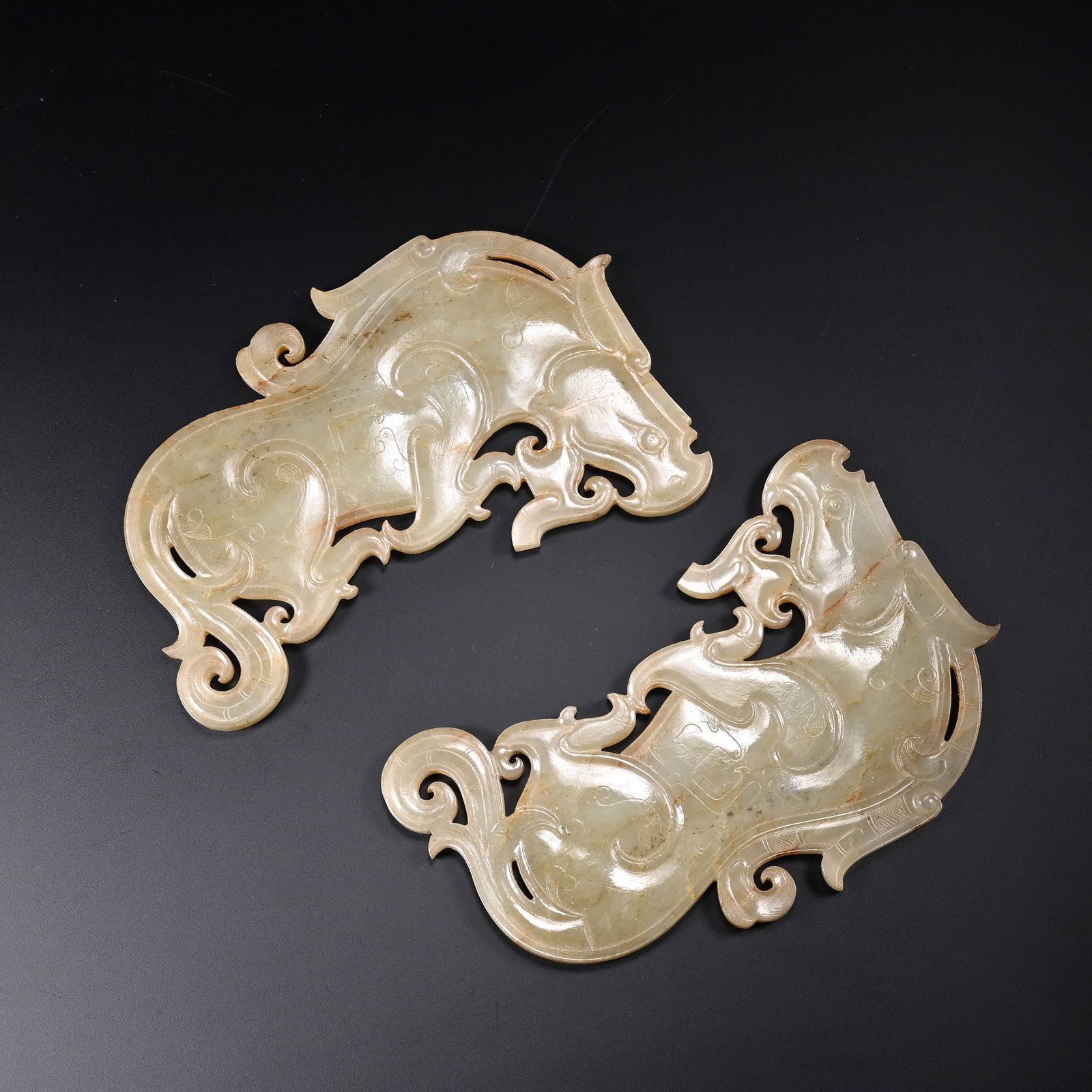 Pair of Jade Ox Bi Discs: Pair of Jade Ox Bi Discs Length:12.5cm Width:8cm