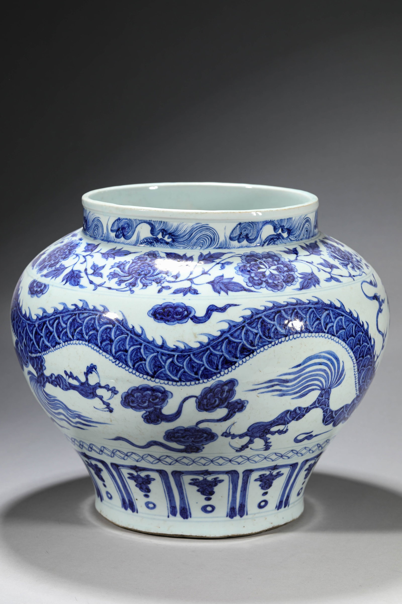 Blue and White Interlocking Peony Auspicious Cloud Dragon Large Jar - 4