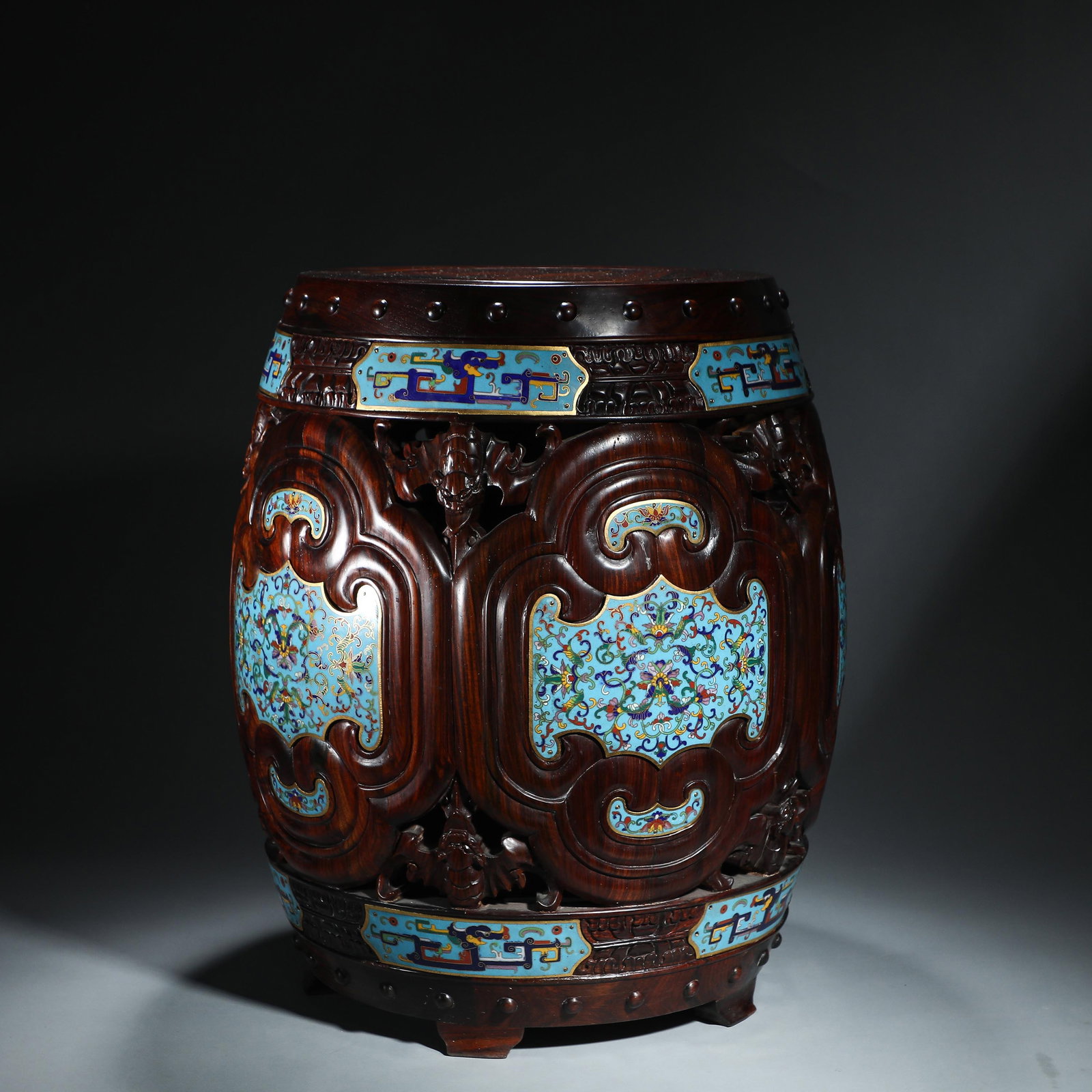 Hongmu-Inlaid Cloisonné-Enamel ‘Drum’ Stool: Hongmu-Inlaid Cloisonné-Enamel ‘Drum’ Stool Length:38cm Height:48cm