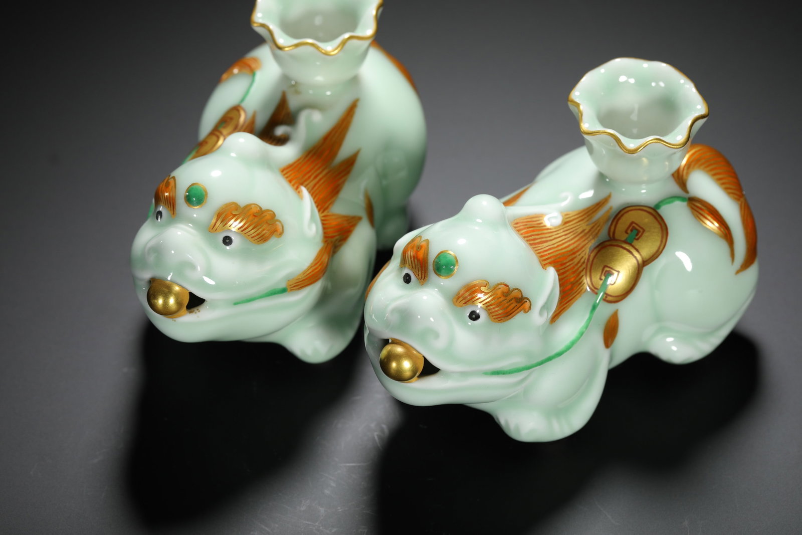 Celadon Glazed Auspicious Beast Incense Holder Pair - 2