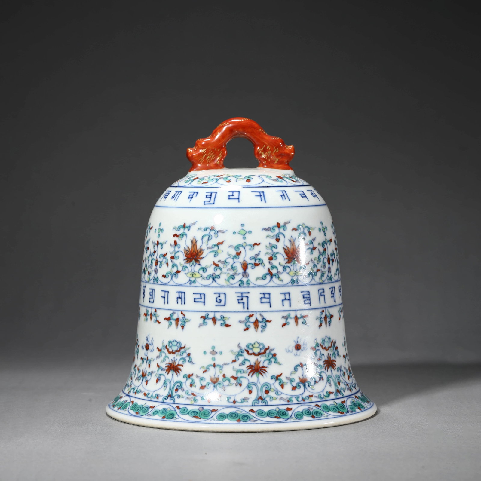 Doucai Glaze Interlocking Lotus Sanskrit Bell: Doucai Glaze Interlocking Lotus Sanskrit Bell Diam.14.5cm, Height:16cm,