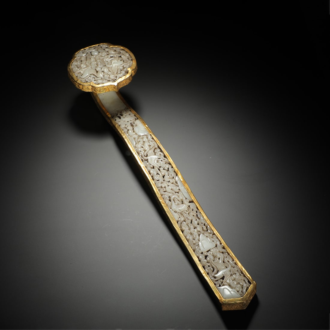 Gilt-Bronze and Jade-Inlaid Ruyi Scepter: Gilt-Bronze and Jade-Inlaid Ruyi Scepter Length:42 cm Weight:790g