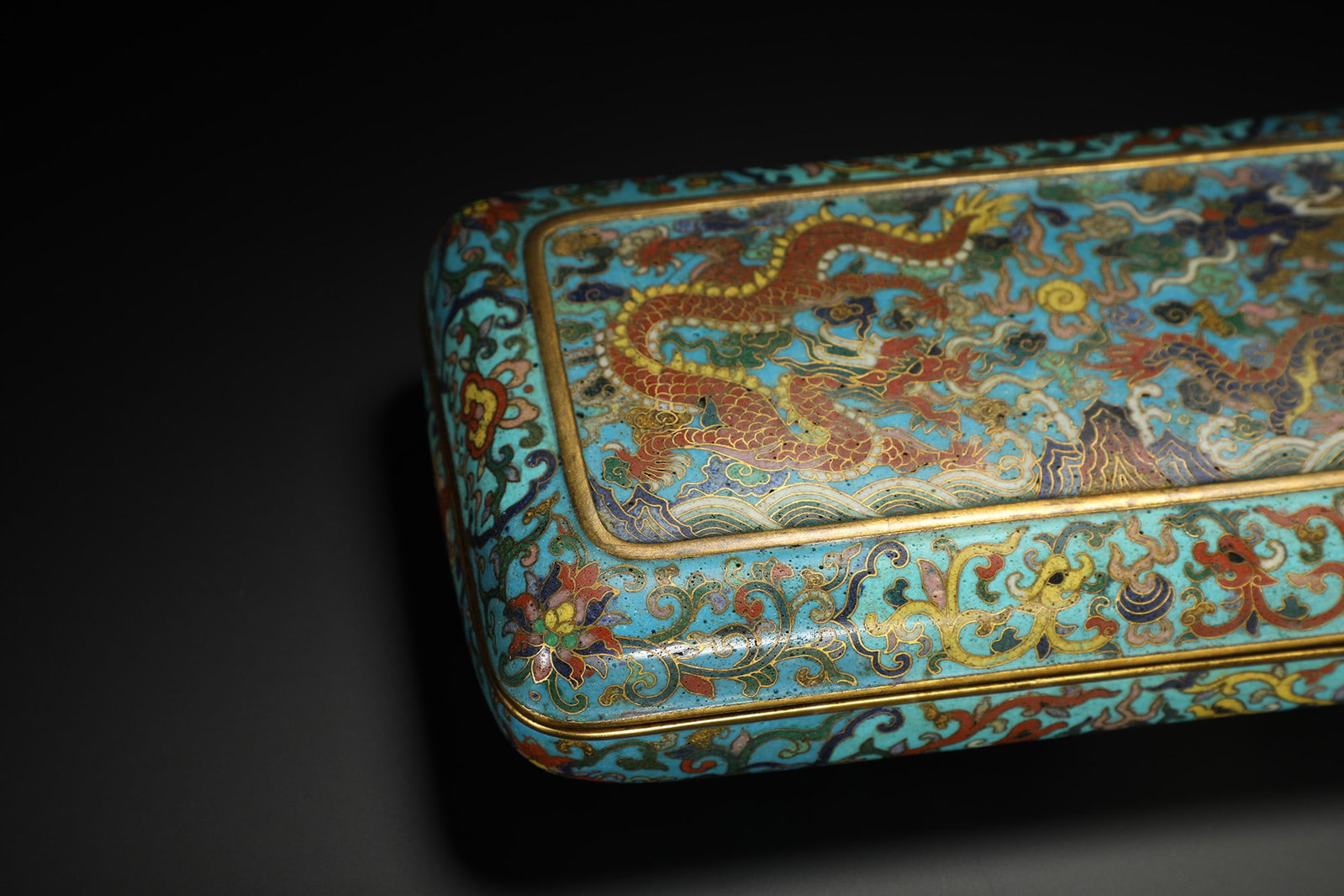Cloisonné Enamel Rectangular Box with Double Dragons Playing with a Pearl - 2