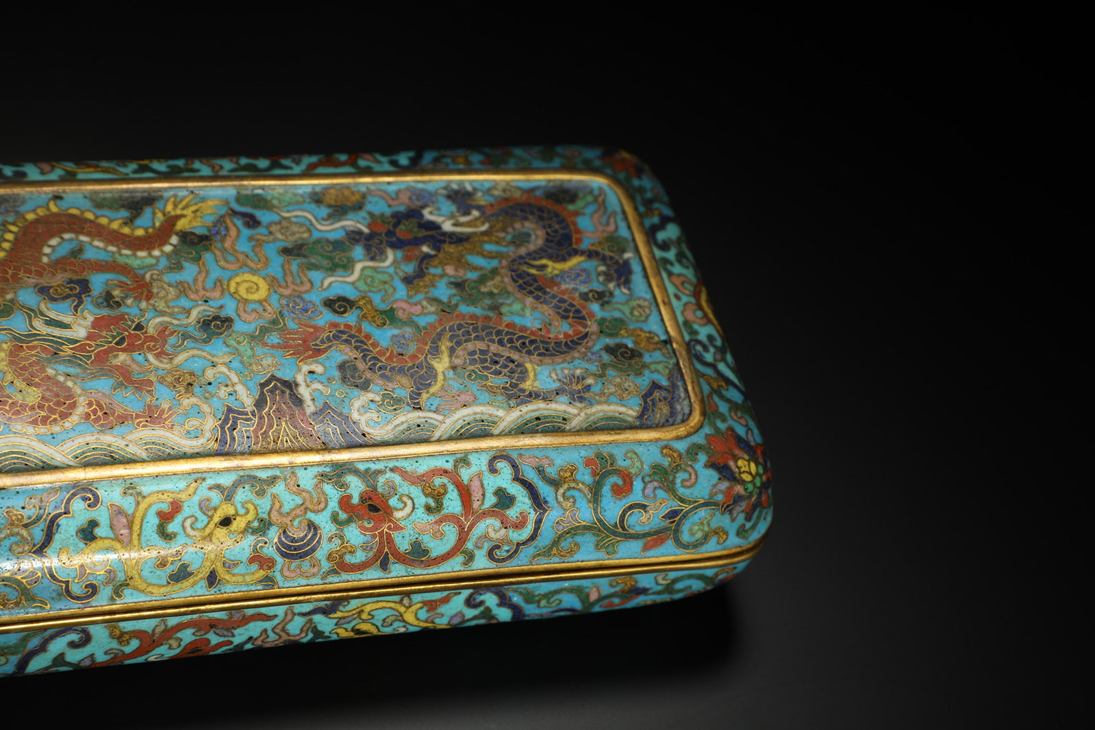 Cloisonné Enamel Rectangular Box with Double Dragons Playing with a Pearl - 3