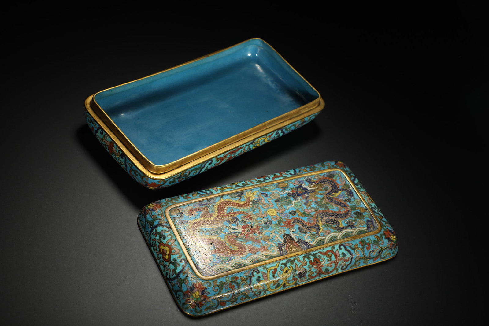 Cloisonné Enamel Rectangular Box with Double Dragons Playing with a Pearl - 4
