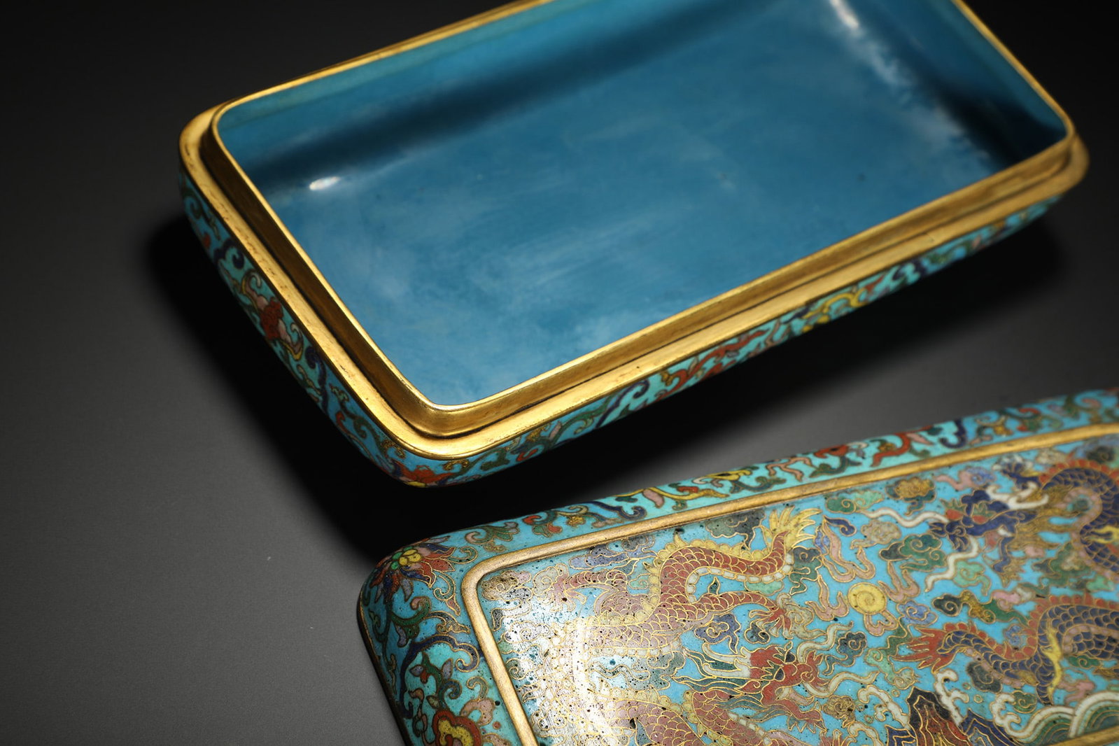 Cloisonné Enamel Rectangular Box with Double Dragons Playing with a Pearl - 5