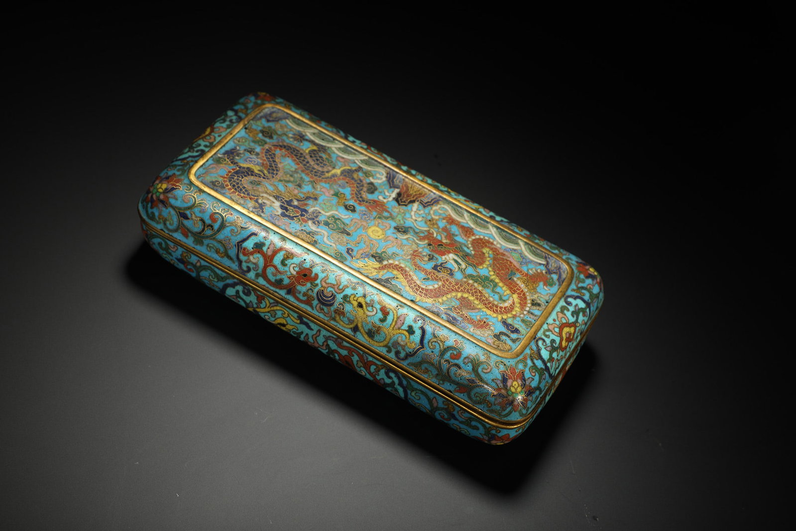 Cloisonné Enamel Rectangular Box with Double Dragons Playing with a Pearl - 6