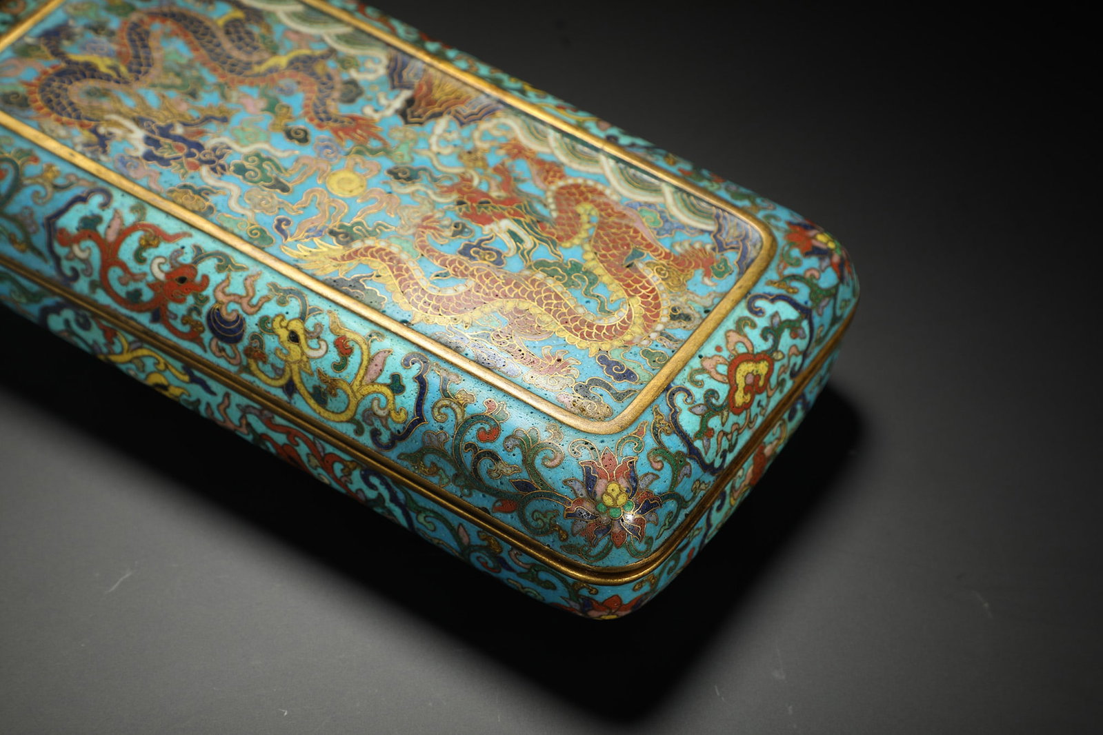 Cloisonné Enamel Rectangular Box with Double Dragons Playing with a Pearl - 7