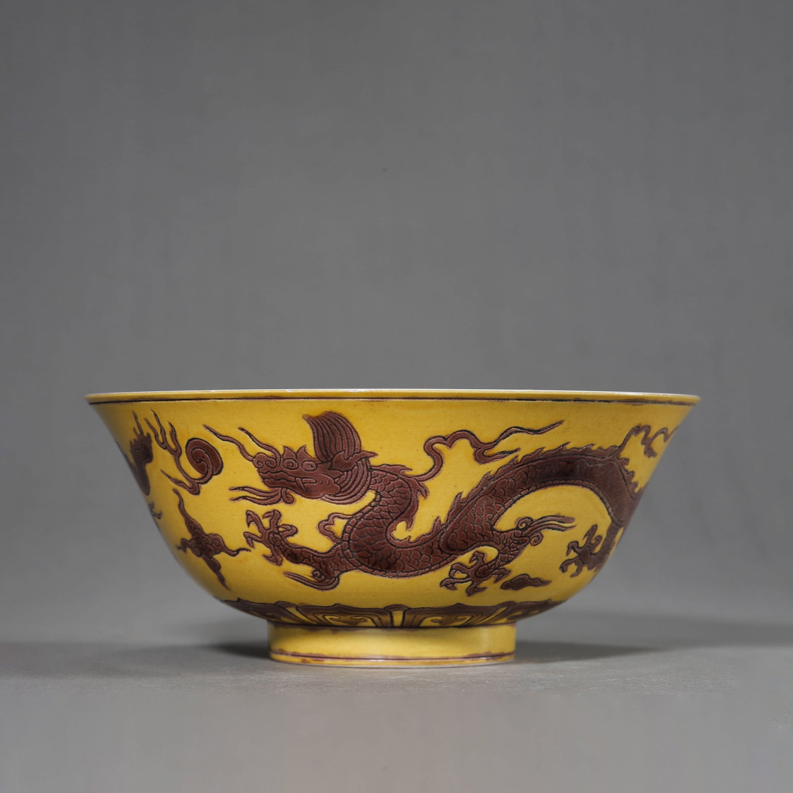Yellow Colored Brown Enamel Dragon Bowl: Yellow Colored Brown Enamel Dragon Bowl Diam.19cm, Height:8cm,