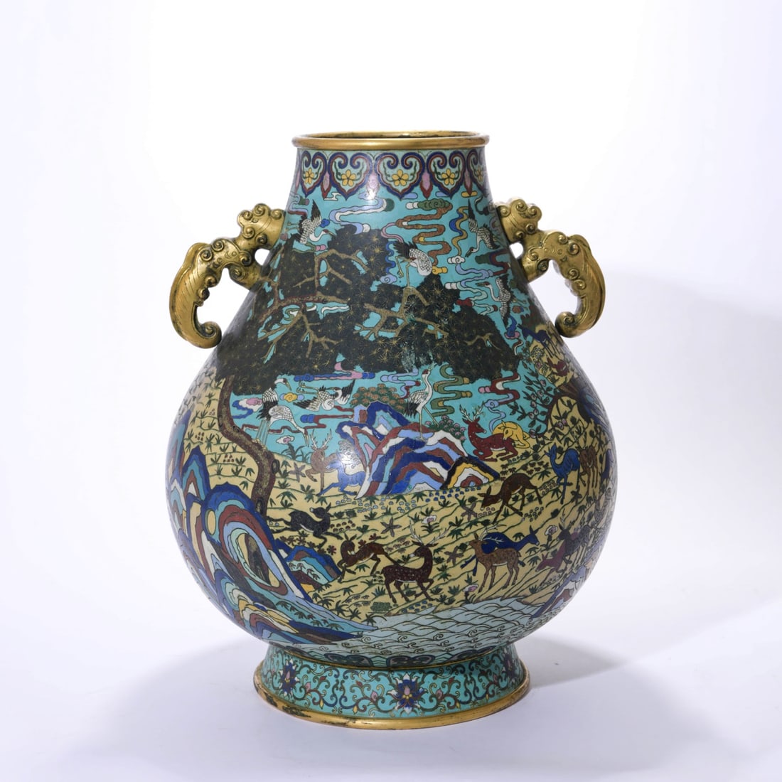 Cloisonne Enamel Crane and Stag Double-Eared Zun: Cloisonne Enamel Crane and Stag Double-Eared Zun Diam.37cm; Height:47cm;