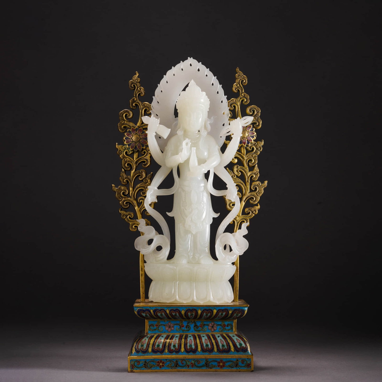 Carved White Jade Six-Armed Avalokitesvara: Carved White Jade Six-Armed Avalokitesvara 1.11x4.5x23cm, 2.11x8x29cm,