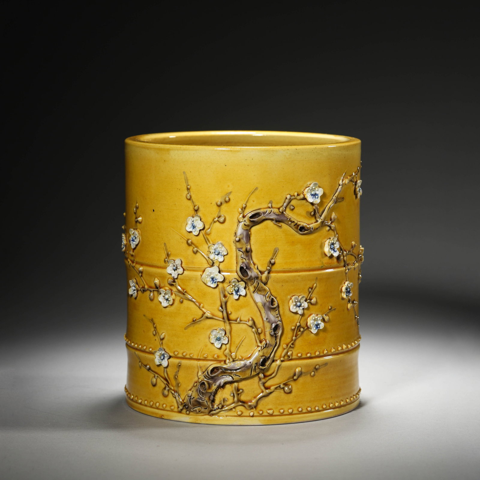 Yellow-Ground Carved Brushpot: Yellow-Ground Carved Brushpot Diam.14.5cm Height:16cm