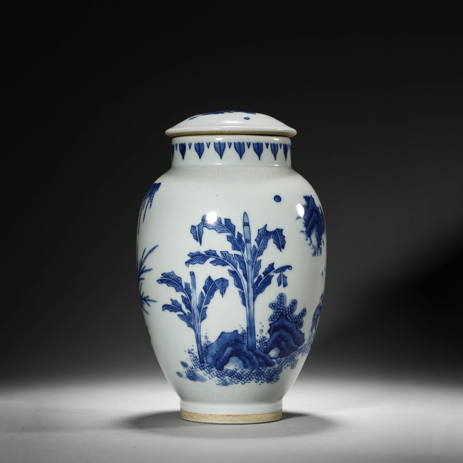 Blue and White Plantain Jar and Cover: Blue and White Plantain Jar and Cover Diam.12.5cm Height:18cm
