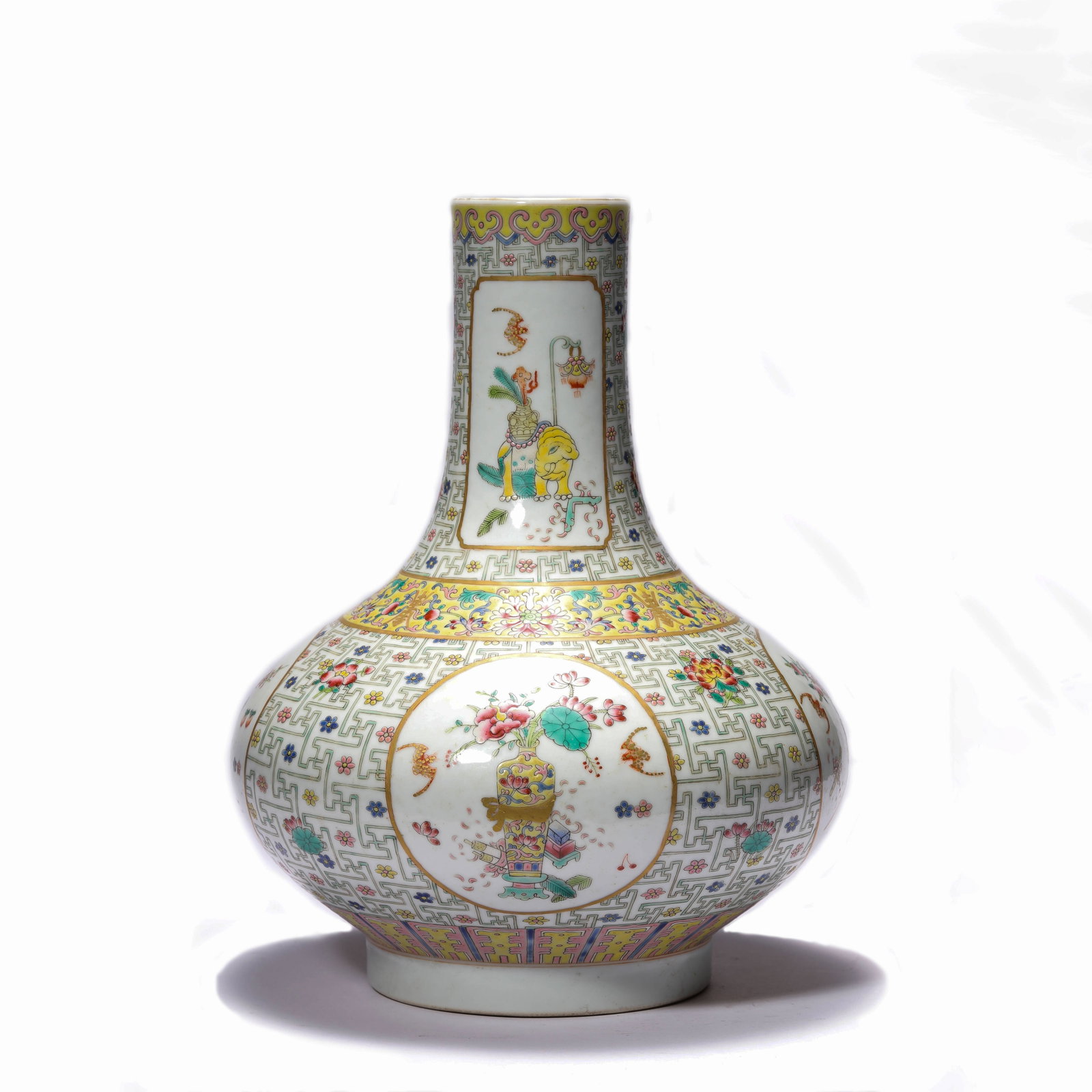 Famille-Rose Gilt Reserved Panel Fu Shou Water Chestnut Vase: Famille-Rose Gilt Reserved Panel Fu Shou Water Chestnut Vase Diam. 20.9cm Height: 28.3cm