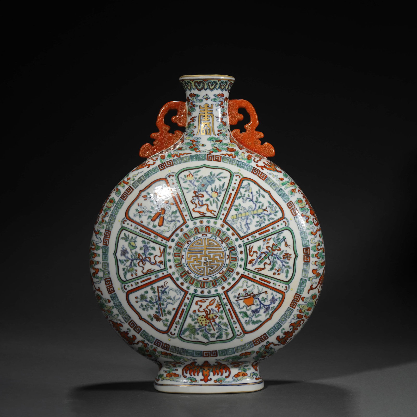 Doucai Glaze Babao Longevity Moonflask: Doucai Glaze Babao Longevity Moonflask Height:38cm, Diam.28cm,