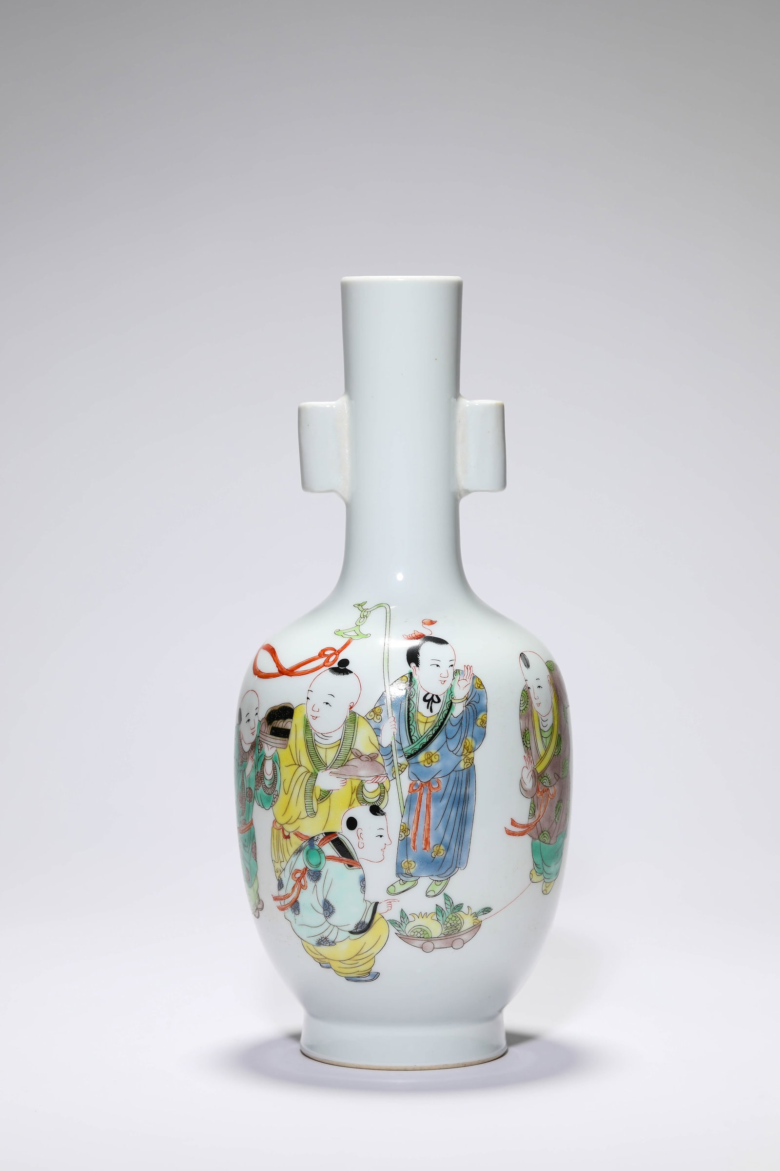 A FAMILLE-ROSE ?FIVE SONS? VASE WITH ?TUBE HANDLES?: A FAMILLE-ROSE ?FIVE SONS? VASE WITH ?TUBE HANDLES? Description: Dimensions: Width: 12 cm x Height: 27.6 cm. All measurements are approximate.
