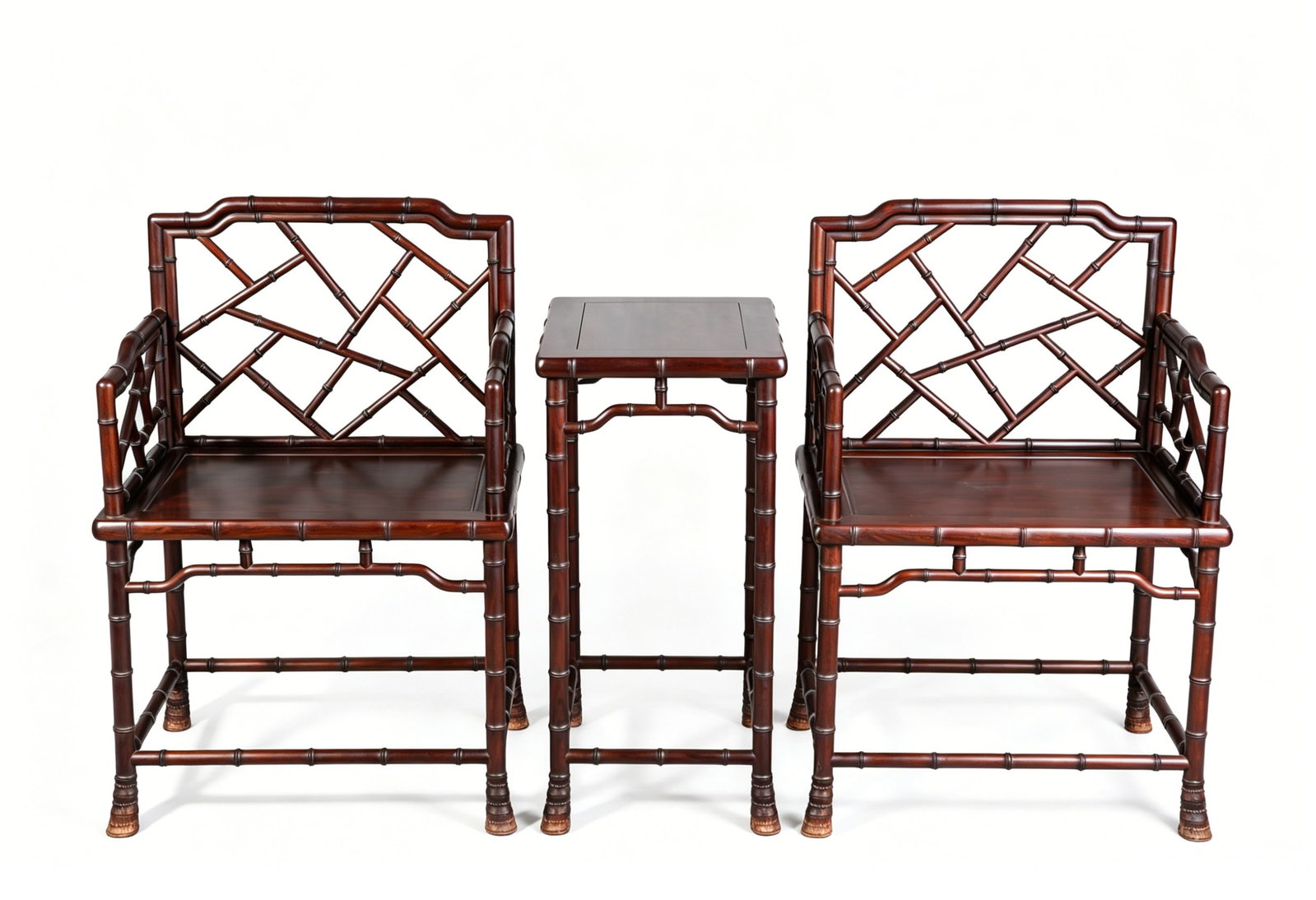 A SET OF WOOD ?BAMBOO-JOINT? TABLE AND CHAIRS: A SET OF WOOD ?BAMBOO-JOINT? TABLE AND CHAIRS Description: Dimensions: Length: 59.5 cm x Width: 45.5 cm x Height: 87.5 cm. Dimensions: Length: 45.8 cm x Width: 36 cm x Height: 72 cm.All measurements