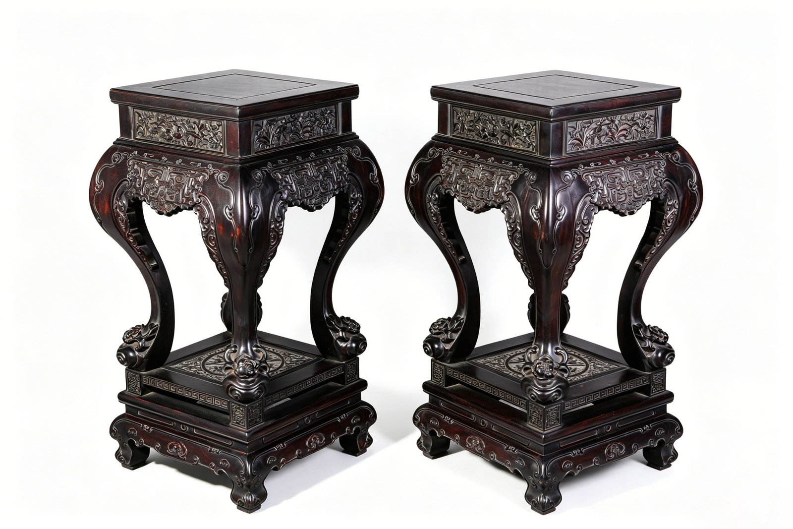 A PAIR OF WOOD ?CARVED FLOWERS AND BIRDS? SQUARE STANDS: A PAIR OF WOOD ?CARVED FLOWERS AND BIRDS? SQUARE STANDS Description: Dimensions: Width: 52 cm x Height: 99 cm. All measurements are approximate.