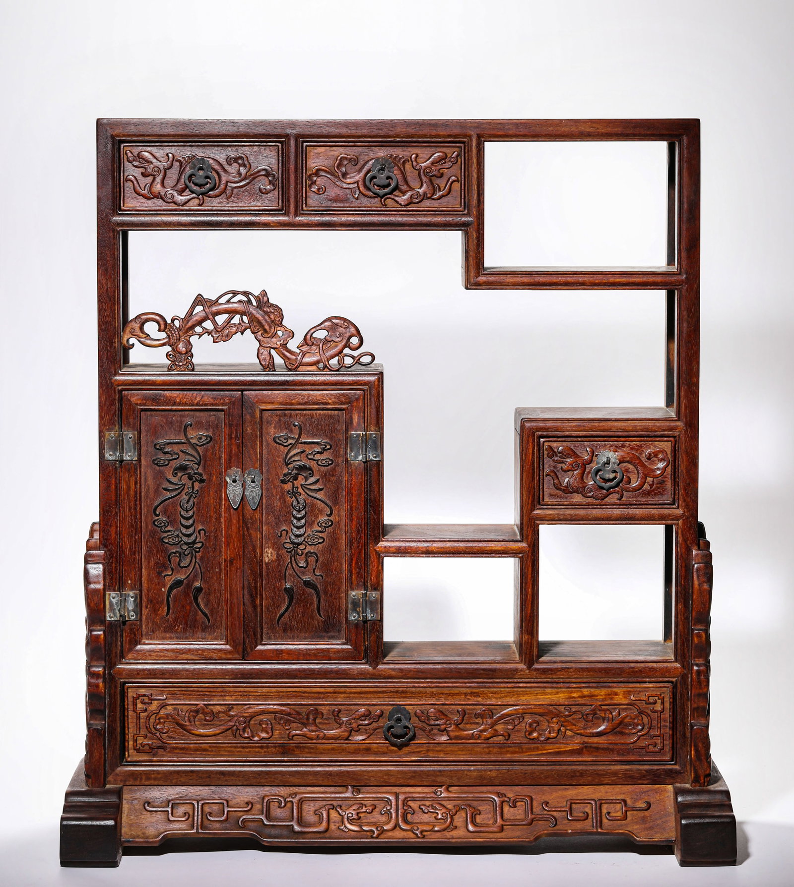 A WOOD ?DUOBAO GE? DISPLAY CABINET: A WOOD ?DUOBAO GE? DISPLAY CABINET Description: Dimensions: Length: 57.5 cm x Width: 26 cm x Height: 64 cm. All measurements are approximate.