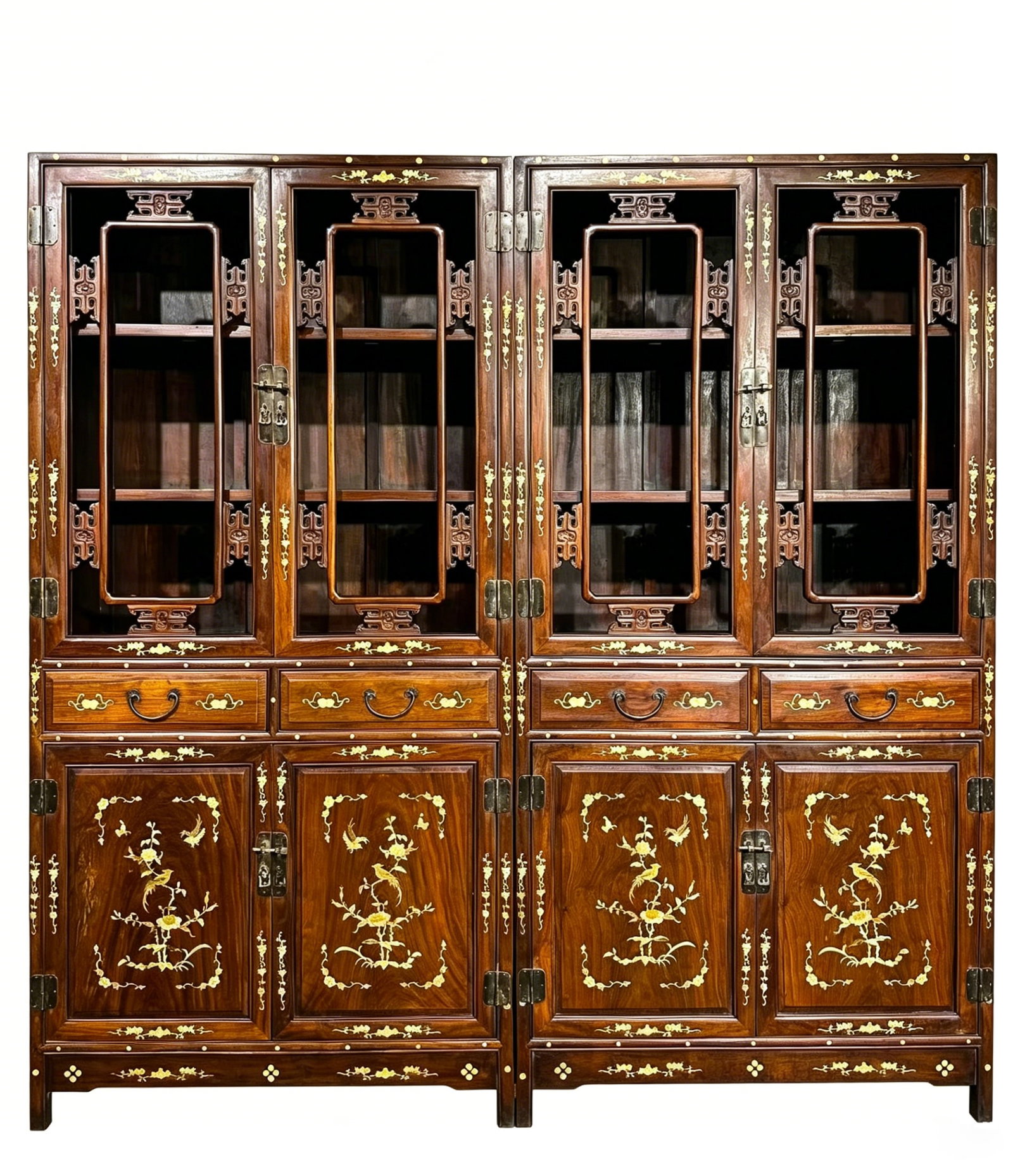 A WOOD AND MOTHER-OF-PEARL-INLAID BOOKCASE: A WOOD AND MOTHER-OF-PEARL-INLAID BOOKCASE Description: Dimensions: Length: 98 cm x Width: 36 cm x Height: 198 cm. All measurements are approximate.